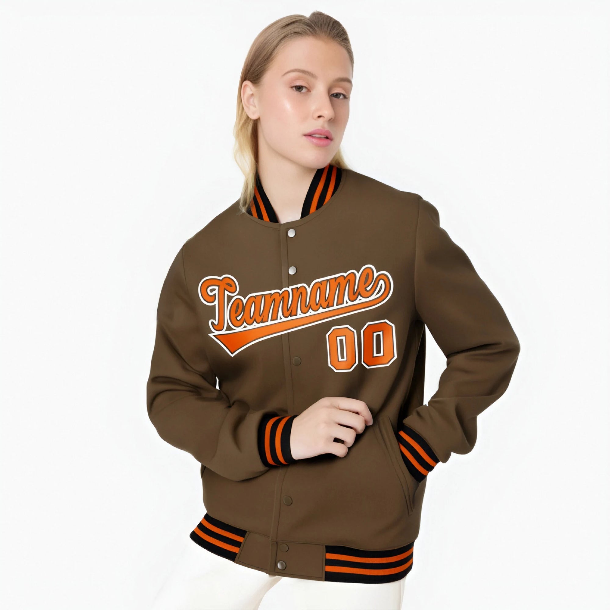 Custom Brown Orange White Bomber Full-Snap Varsity Letterman Jacket