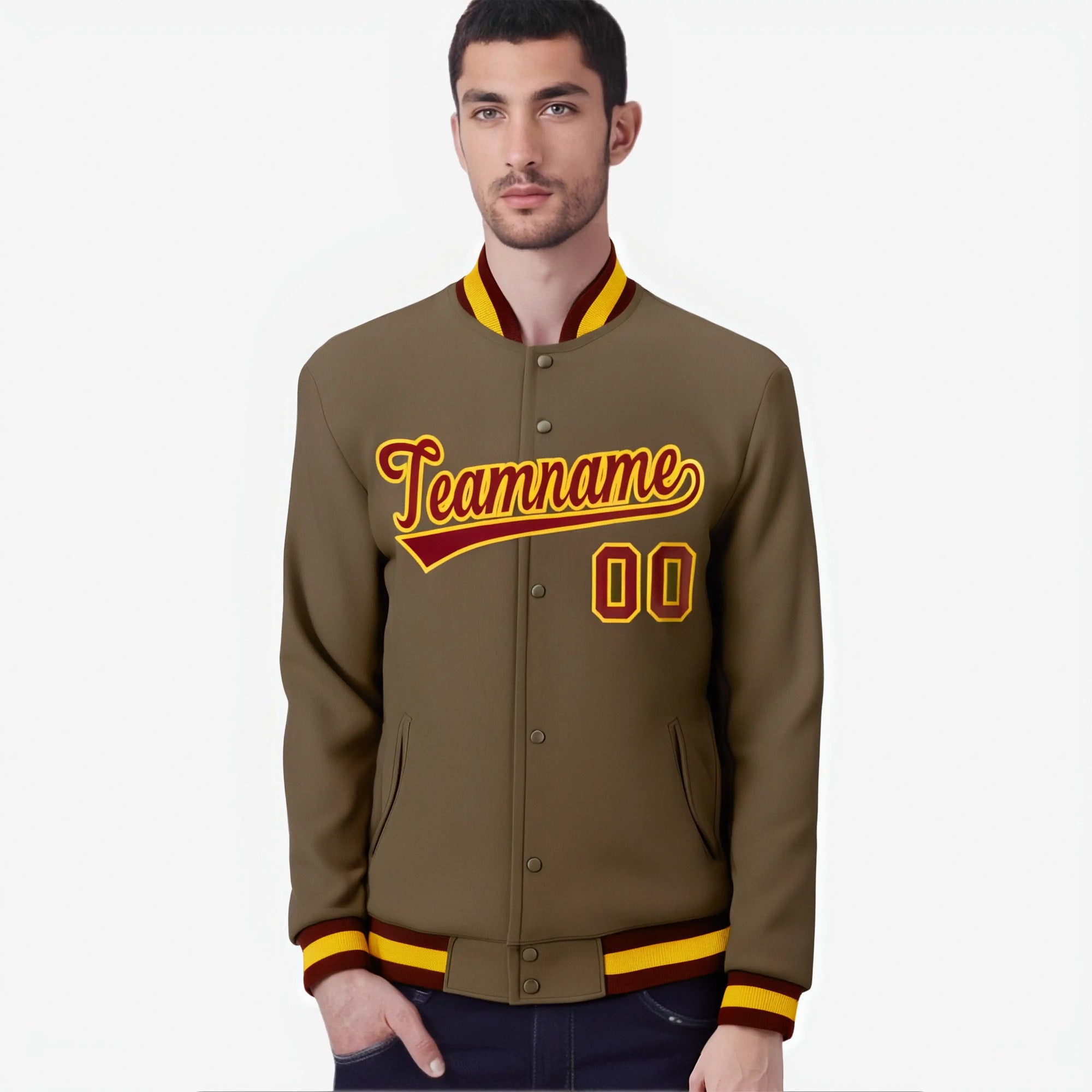 Custom Brown Burgundy Gold Bomber Full-Snap Varsity Letterman Jacket