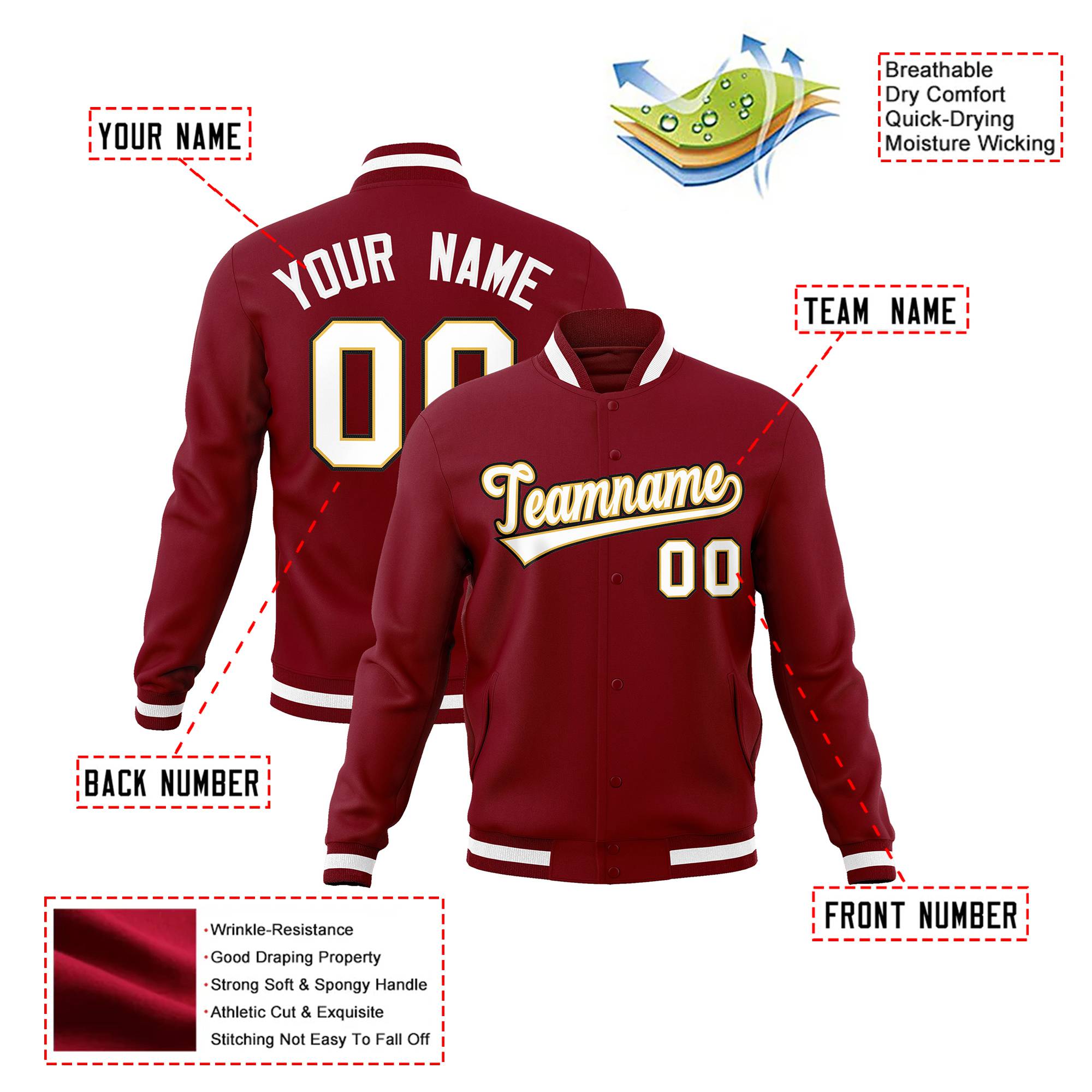 Custom Burgundy White-Gold Bomber Full-Snap Varsity Letterman Jacket