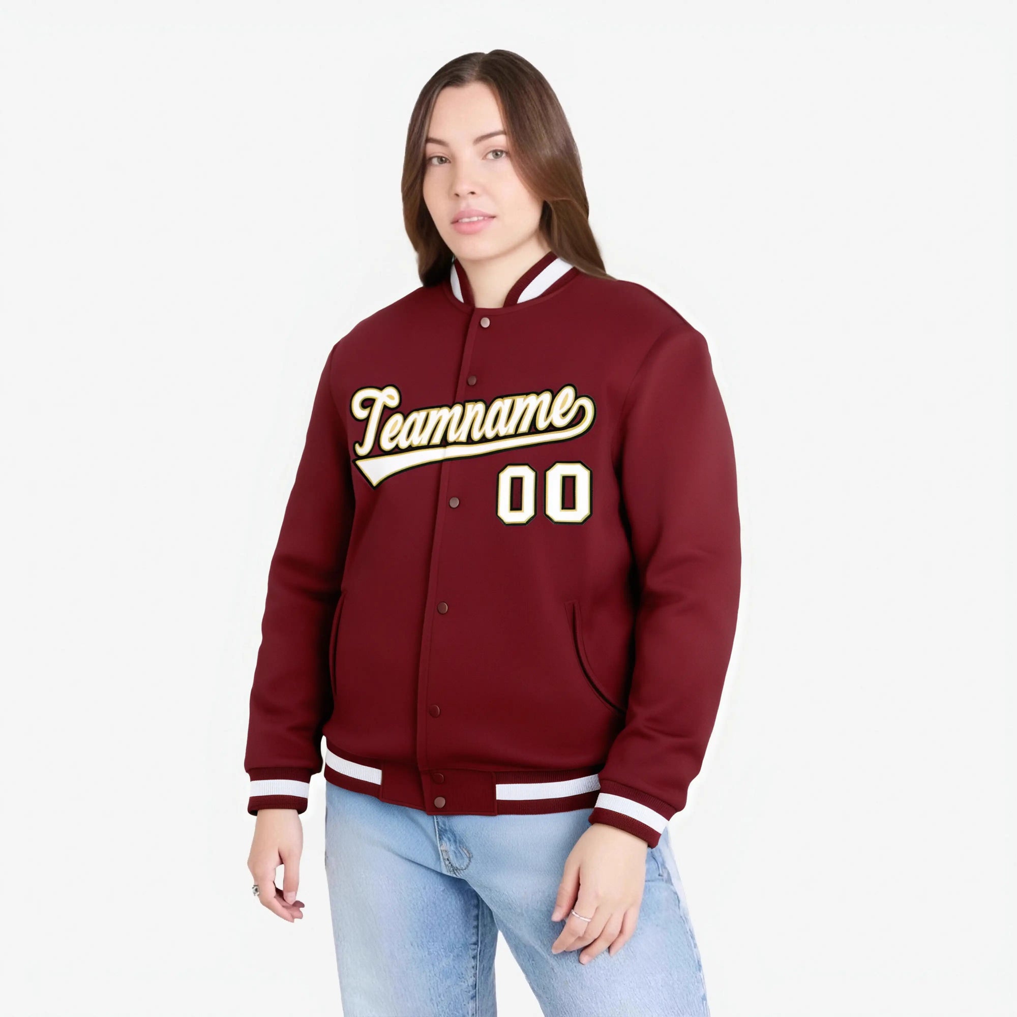 Custom Burgundy White-Gold Bomber Full-Snap Varsity Letterman Jacket