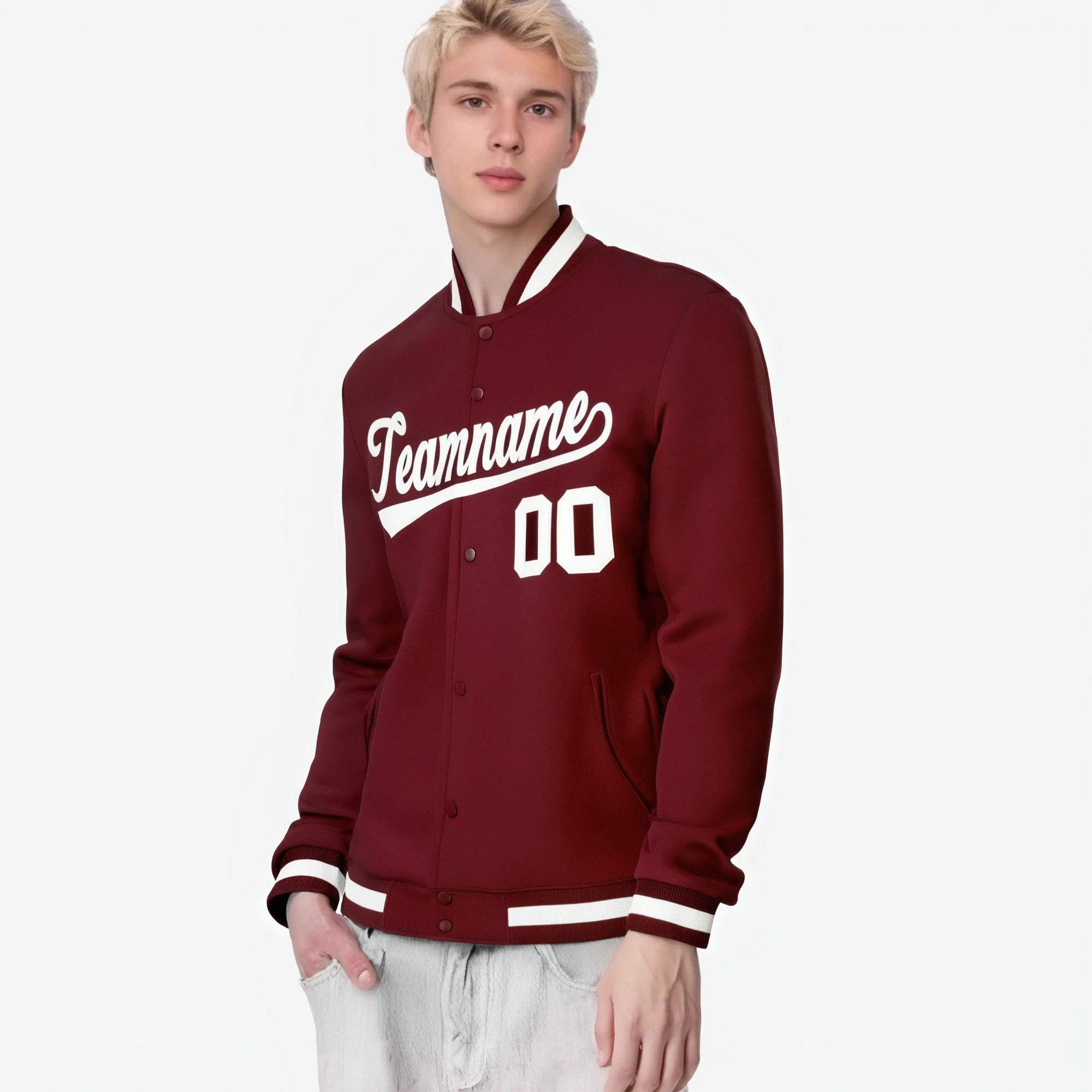 Custom Burgundy White Bomber Full-Snap Varsity Letterman Jacket