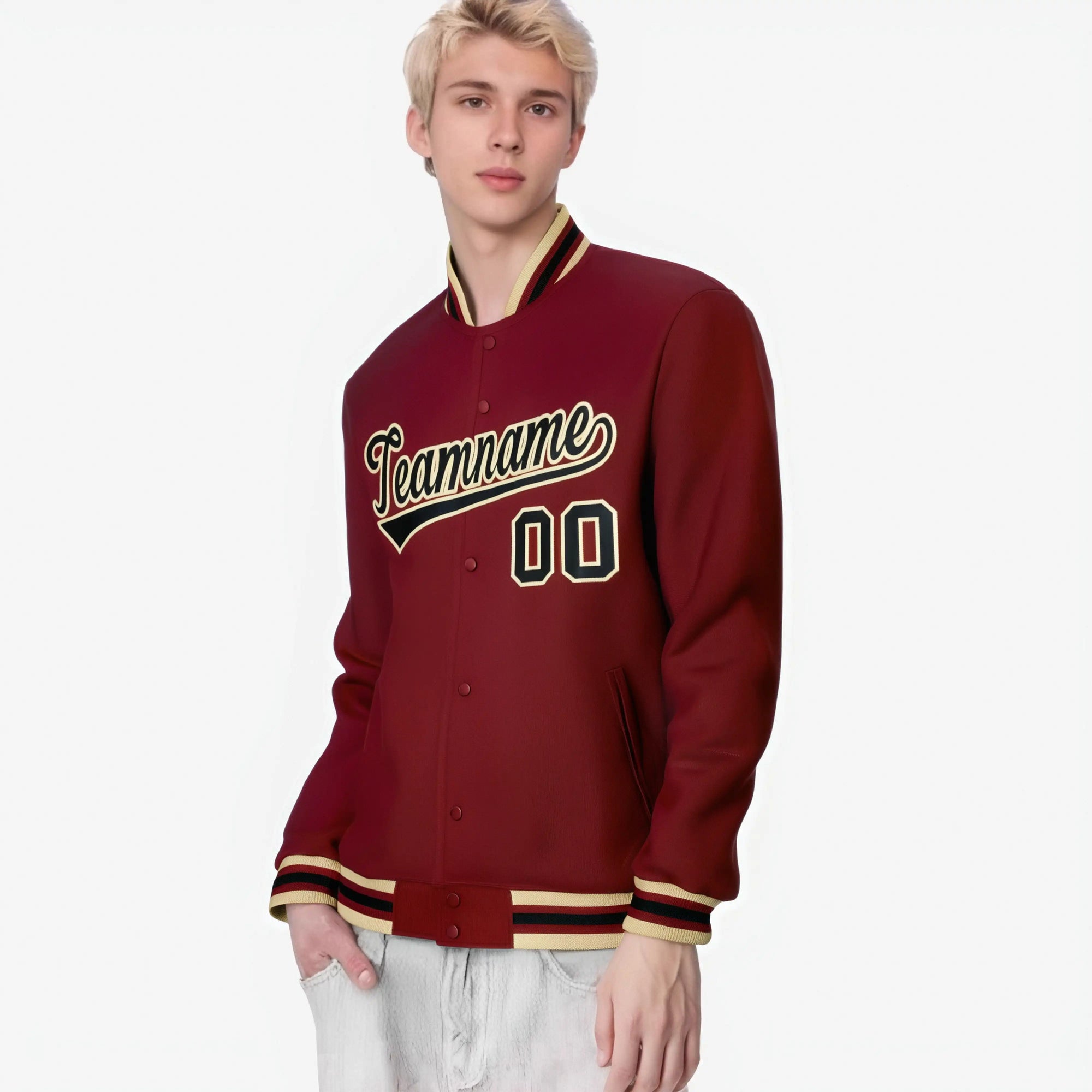 Custom Burgundy Black Old-Gold Bomber Full-Snap Varsity Letterman Jacket