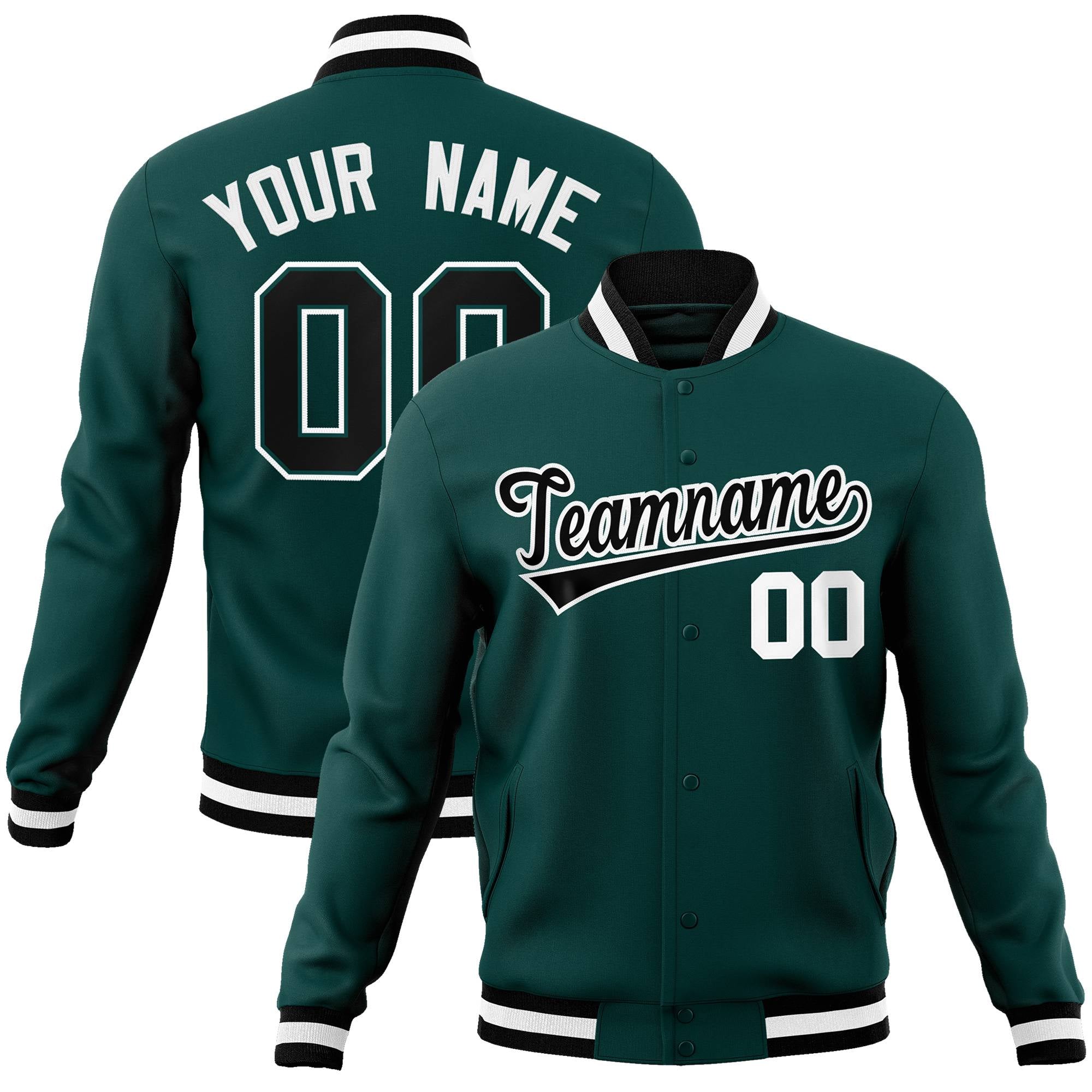 Custom Midnight-Green Black-White Bomber Full-Snap Varsity Letterman Jacket