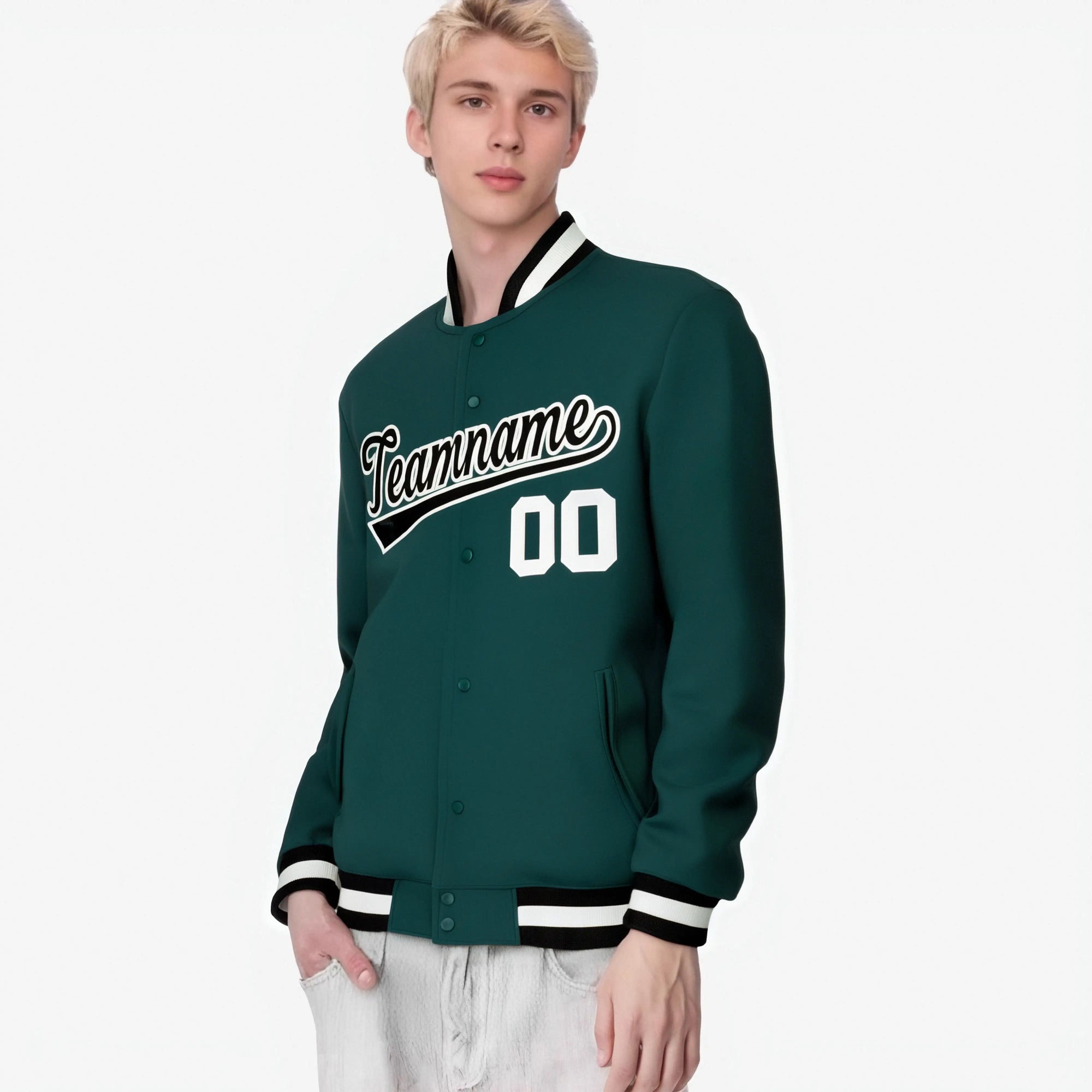 Custom Midnight-Green Black-White Bomber Full-Snap Varsity Letterman Jacket