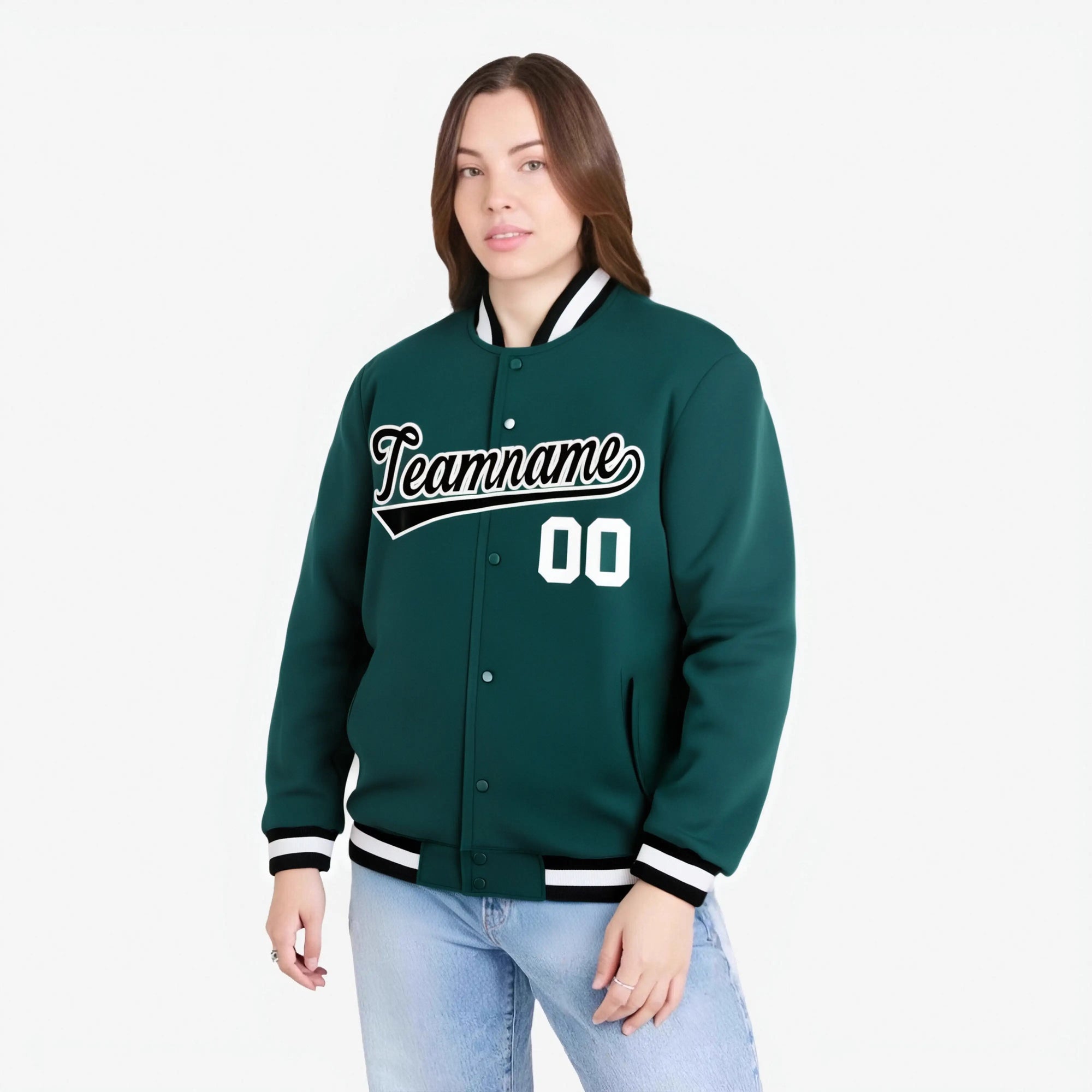 Custom Midnight-Green Black-White Bomber Full-Snap Varsity Letterman Jacket