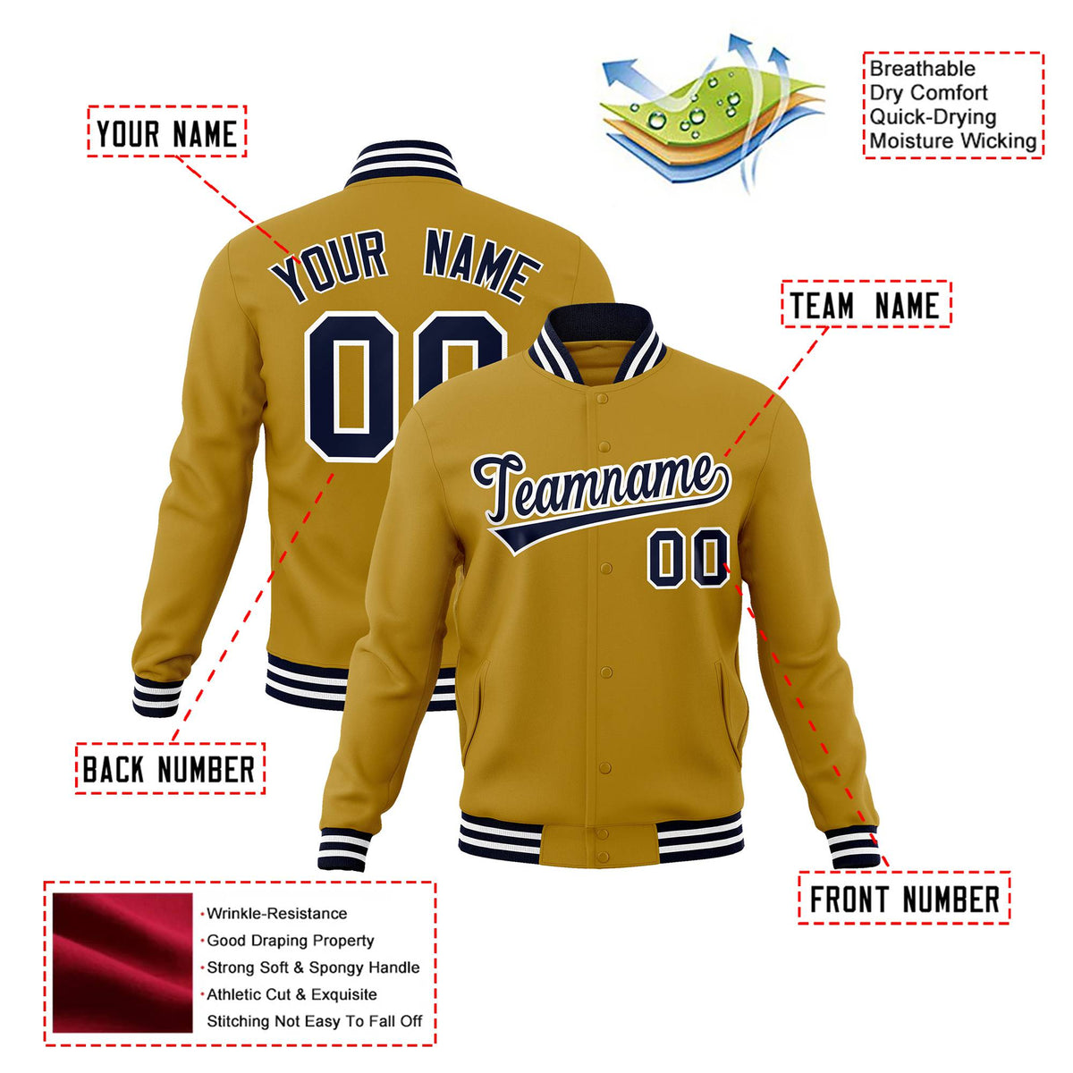 Custom Old Gold Navy-White Bomber Full-Snap Varsity Letterman Jacket