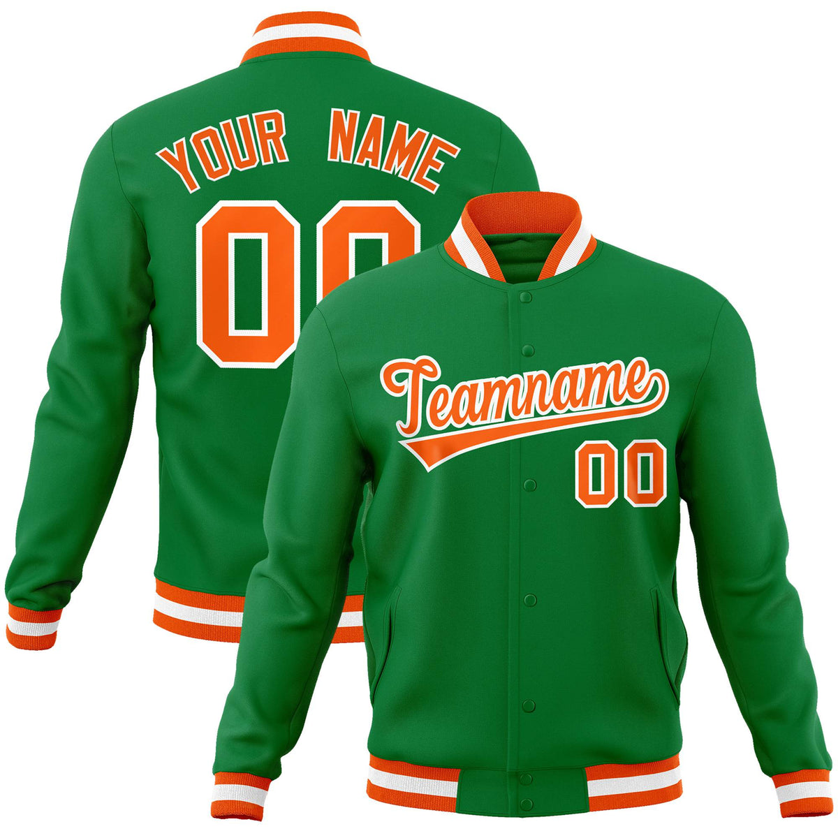 Custom Neon-Green Orange-White Bomber Full-Snap Varsity Letterman Jacket