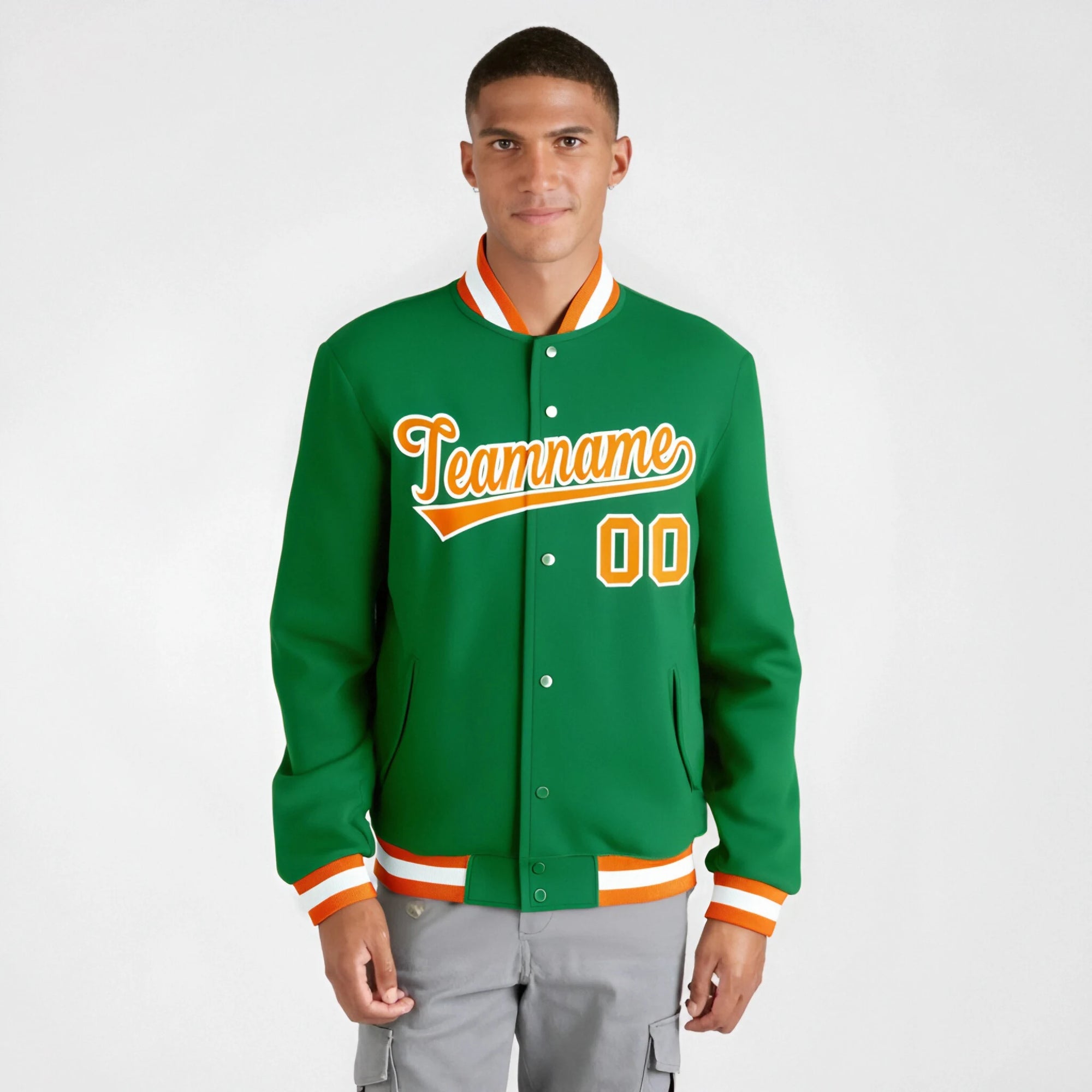 Custom Neon-Green Orange-White Bomber Full-Snap Varsity Letterman Jacket