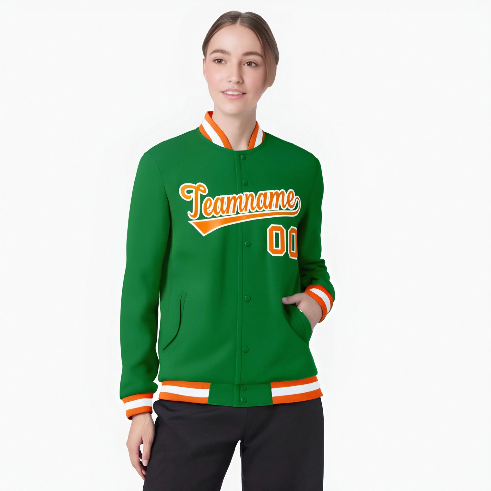 Custom Neon-Green Orange-White Bomber Full-Snap Varsity Letterman Jacket