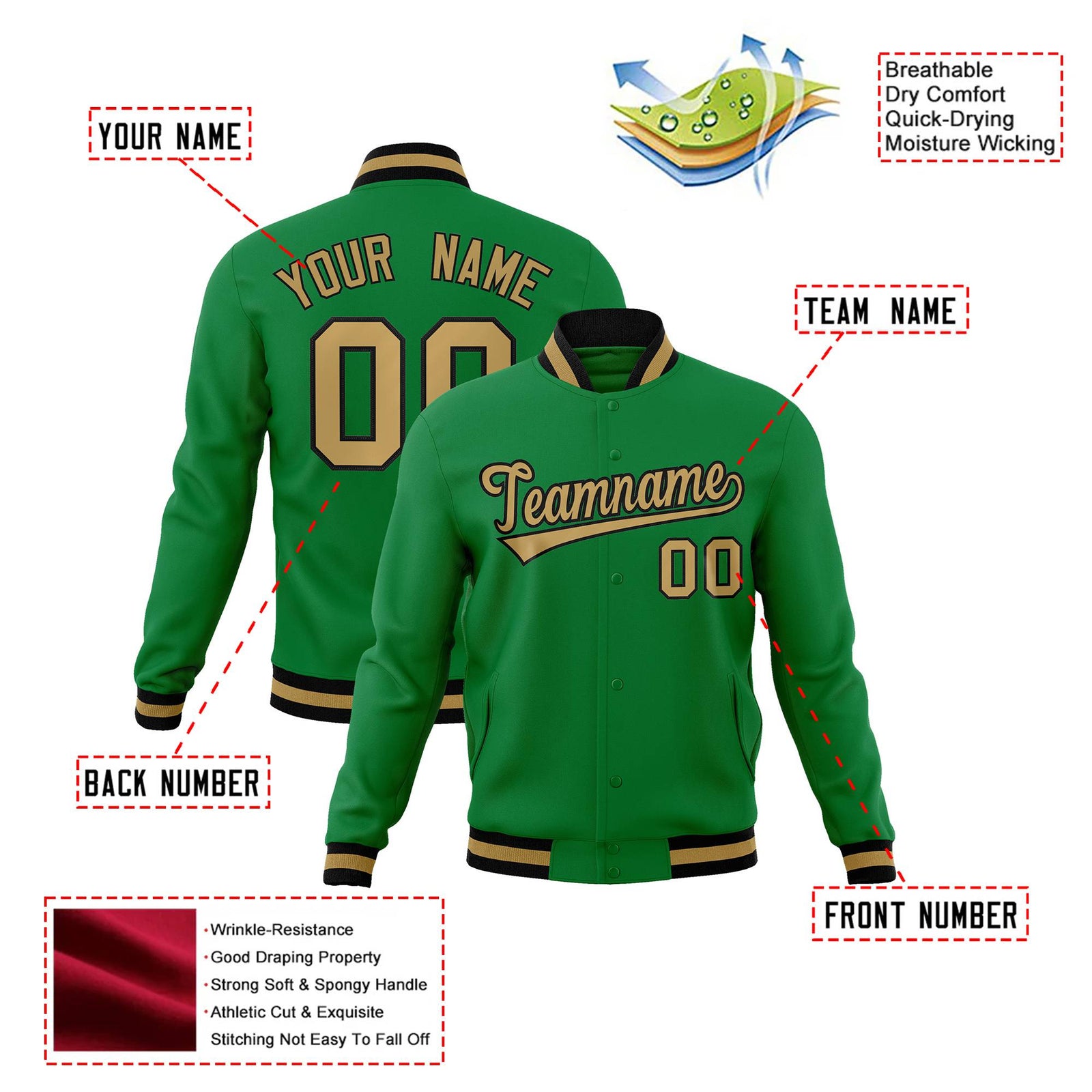 Custom Neon-Green Brown-White Bomber Full-Snap Varsity Letterman Jacket