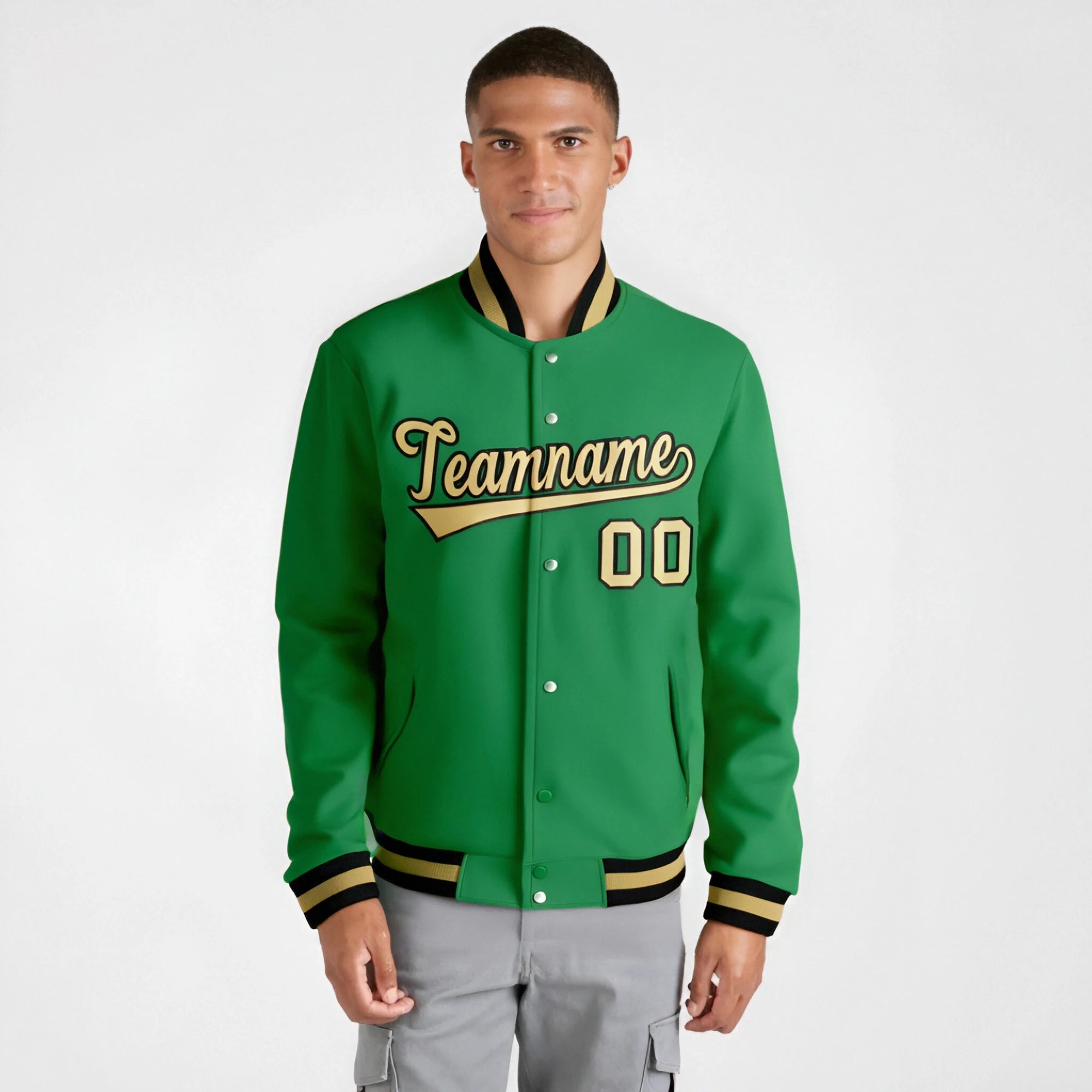 Custom Neon-Green Brown-White Bomber Full-Snap Varsity Letterman Jacket