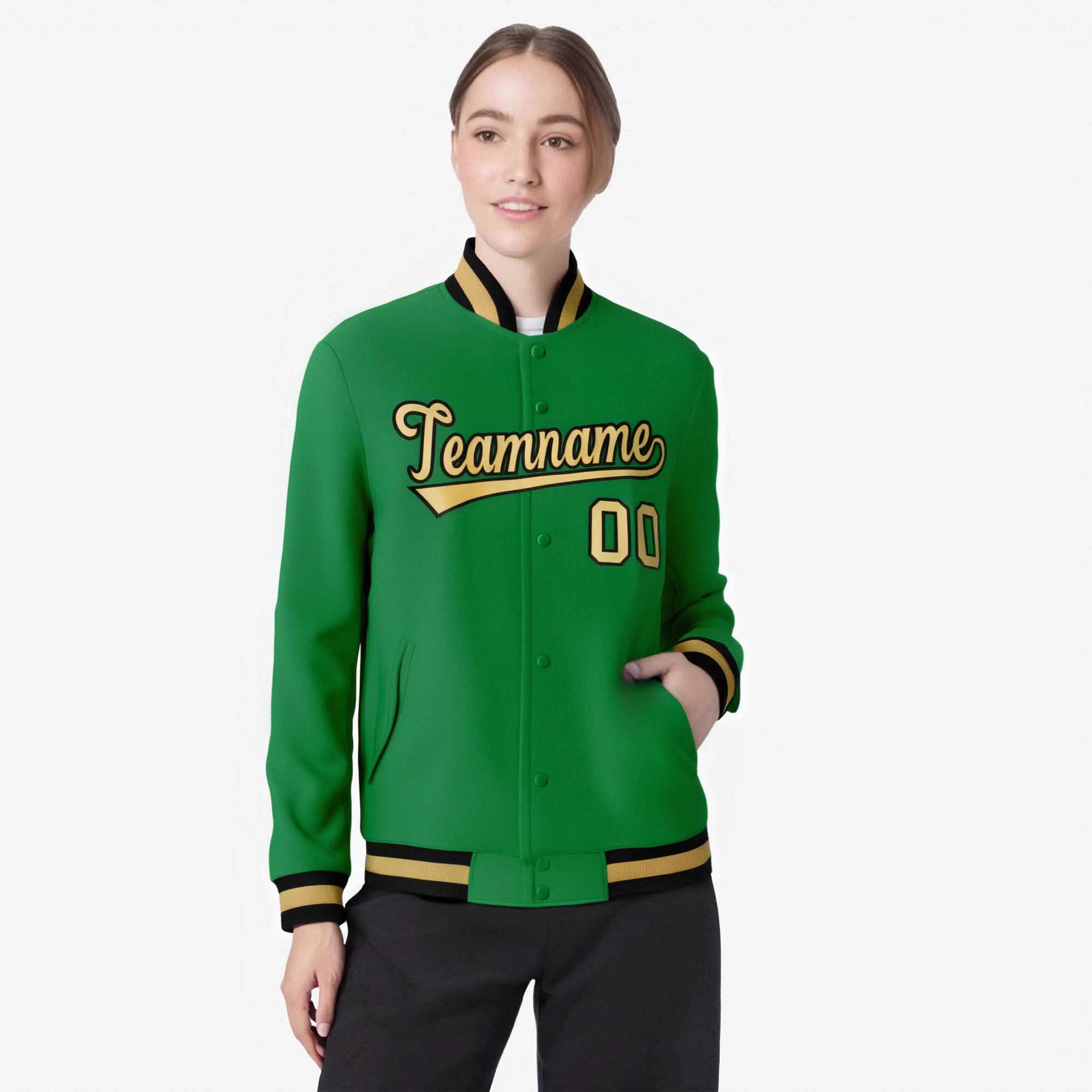 Custom Neon-Green Brown-White Bomber Full-Snap Varsity Letterman Jacket