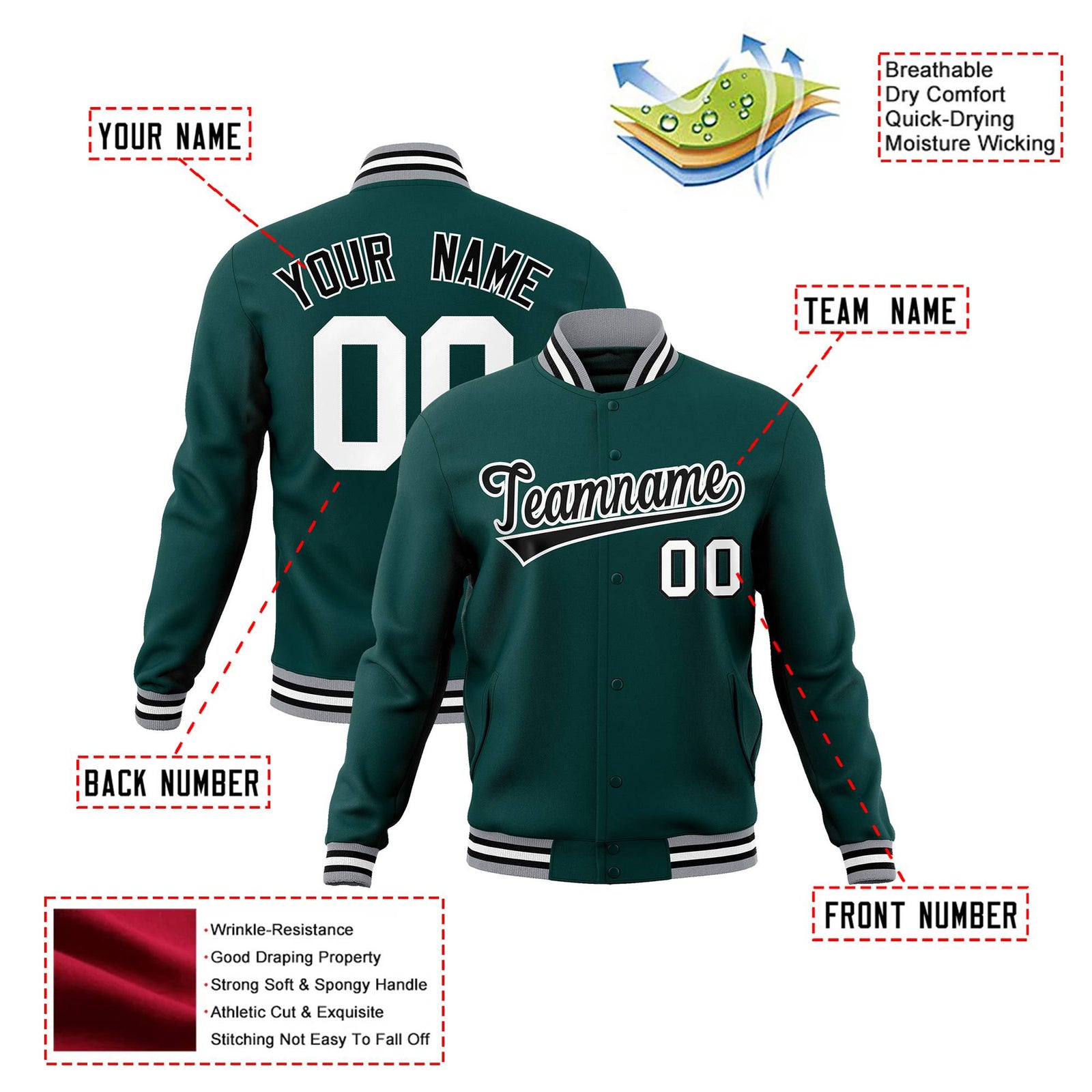 Custom Midnight-Green Black Gray Bomber Full-Snap Varsity Letterman Jacket