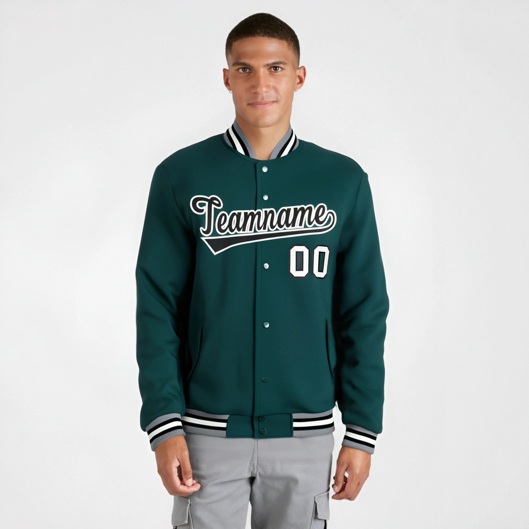 Custom Midnight-Green Black Gray Bomber Full-Snap Varsity Letterman Jacket