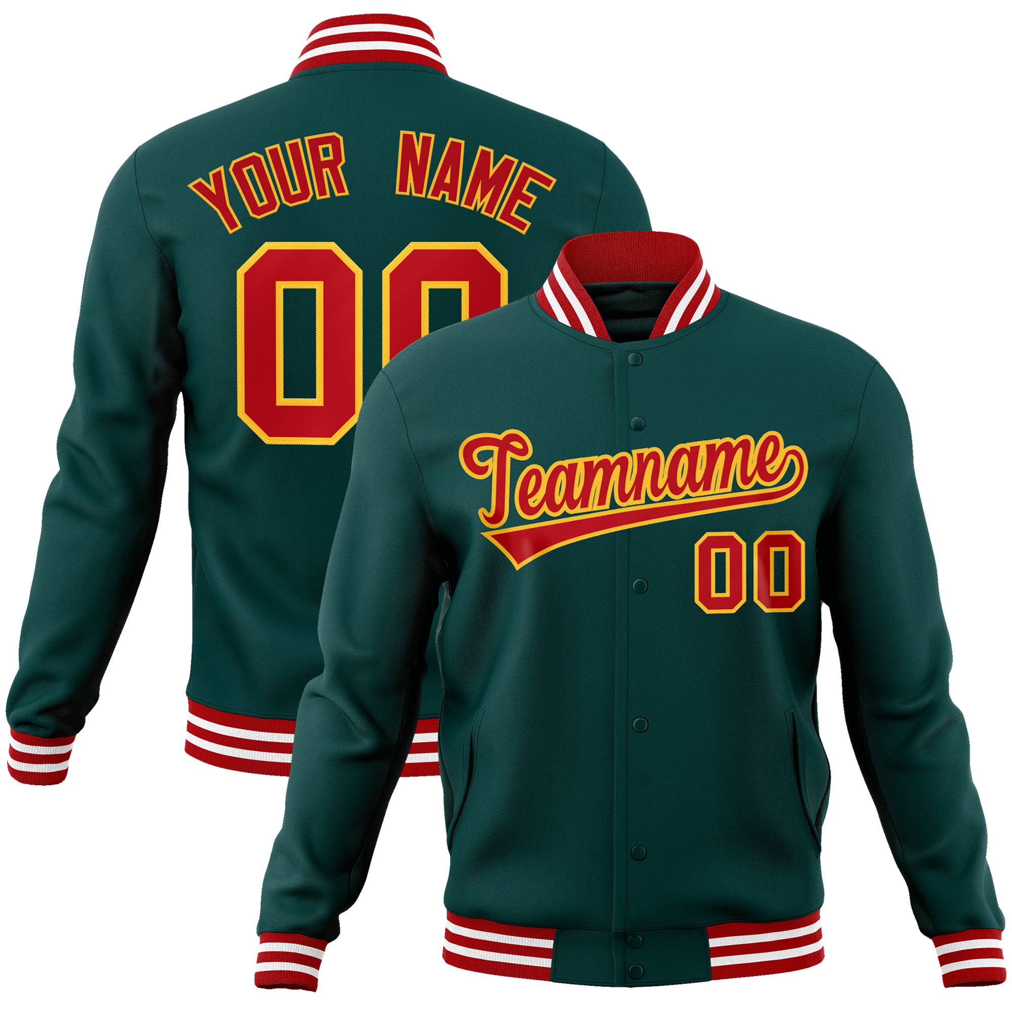 Custom Midnight-Green Red-Gold Bomber Full-Snap Varsity Letterman Jacket