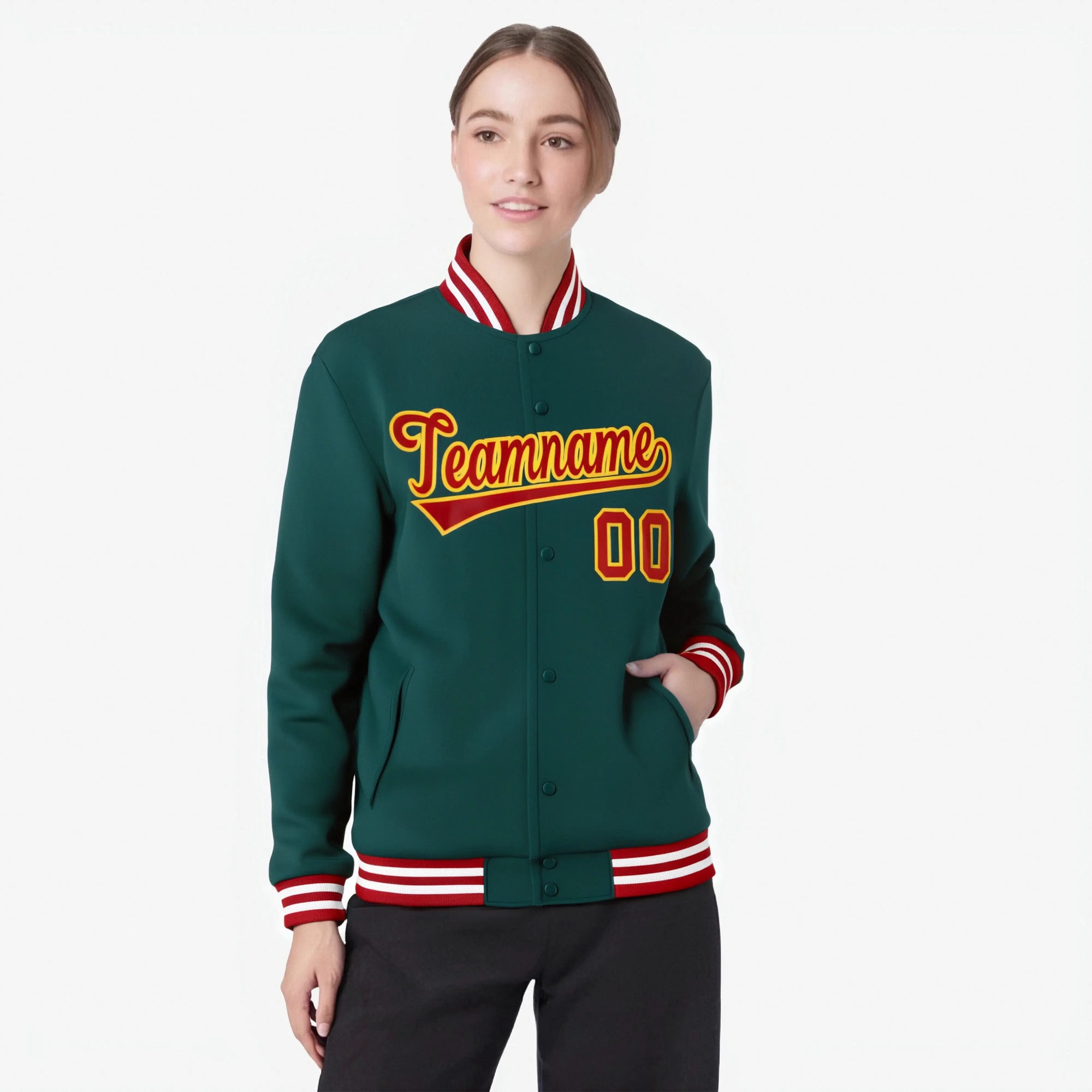 Custom Midnight-Green Red-Gold Bomber Full-Snap Varsity Letterman Jacket