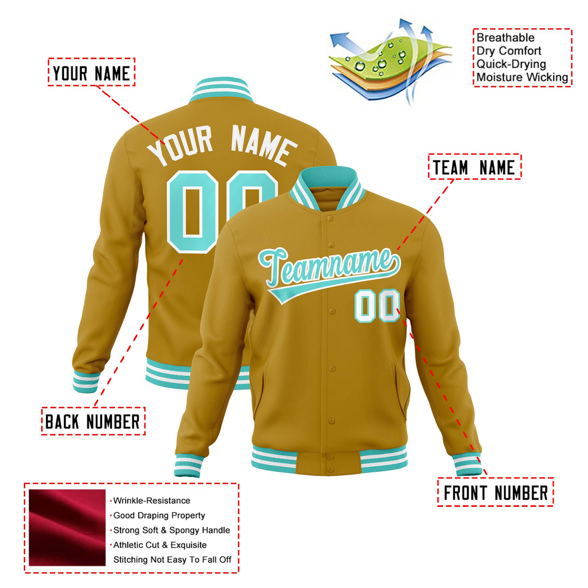 Custom Brown Aqua White Bomber Full-Snap Varsity Letterman Jacket