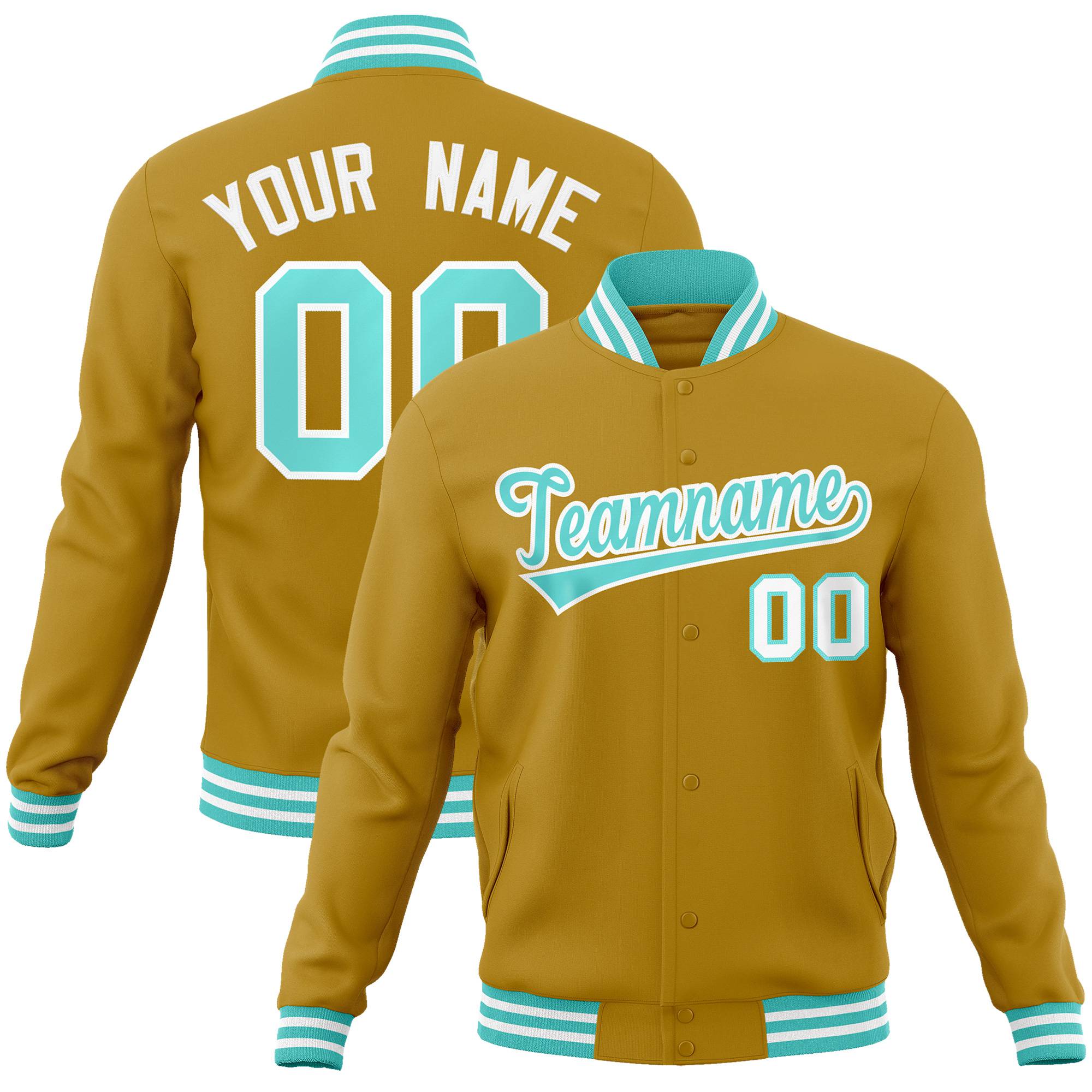 Custom Brown Aqua White Bomber Full-Snap Varsity Letterman Jacket