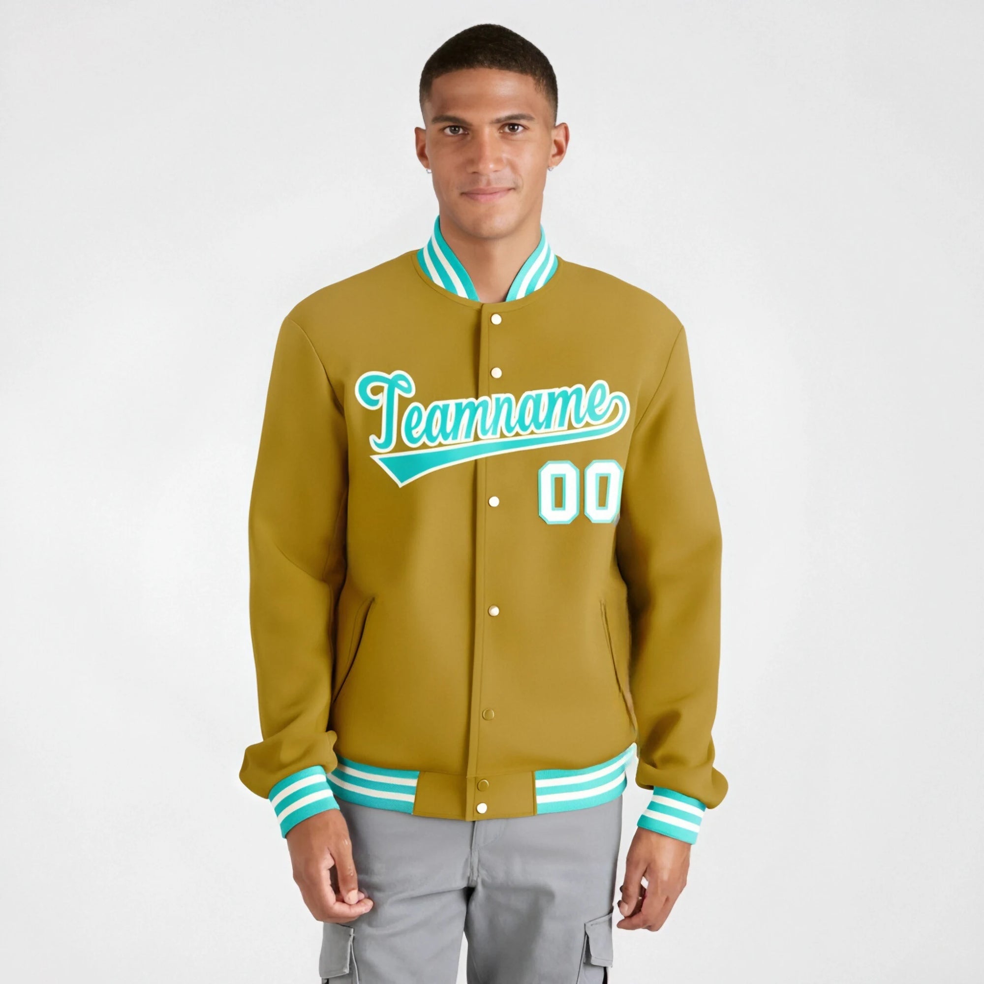 Custom Brown Aqua White Bomber Full-Snap Varsity Letterman Jacket