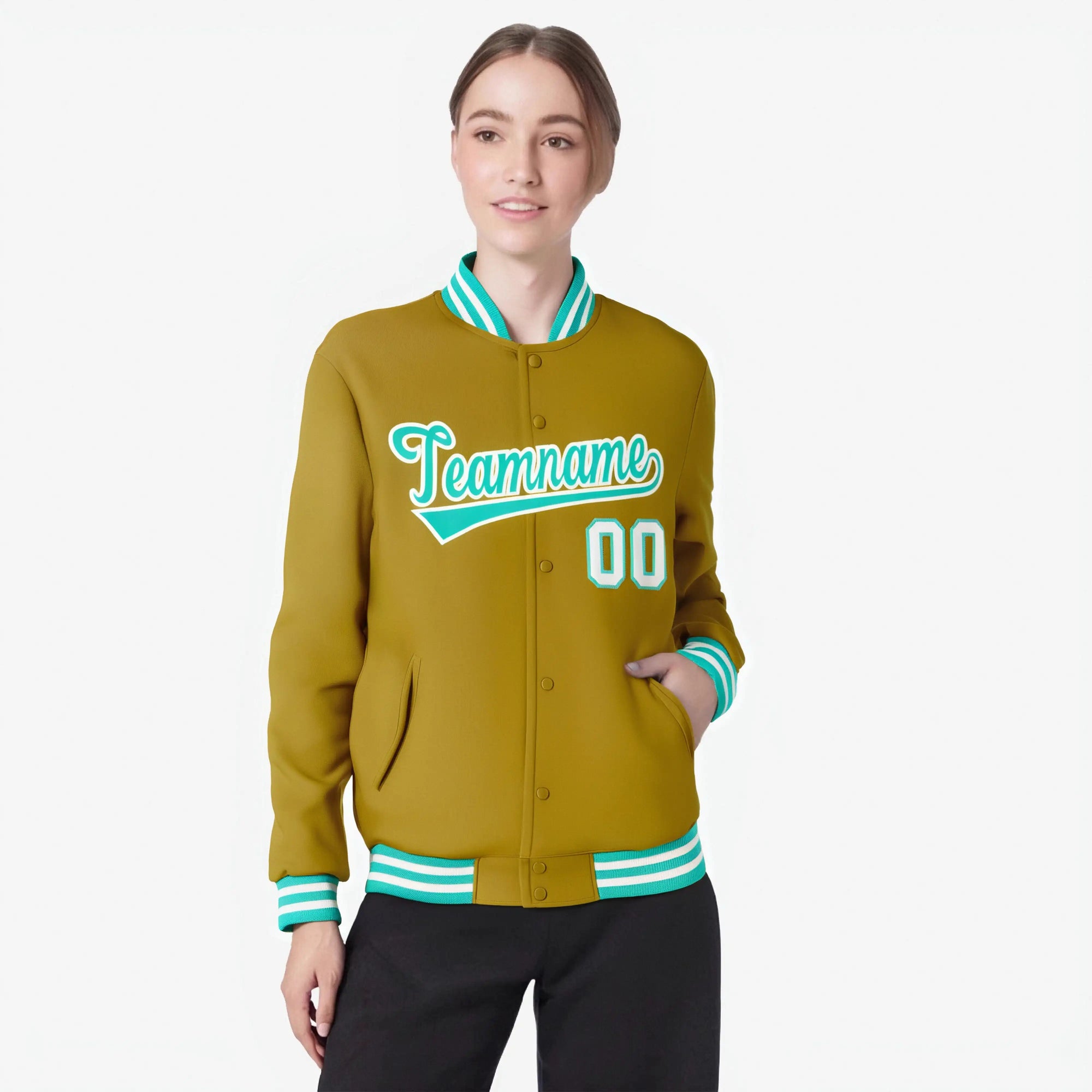 Custom Brown Aqua White Bomber Full-Snap Varsity Letterman Jacket