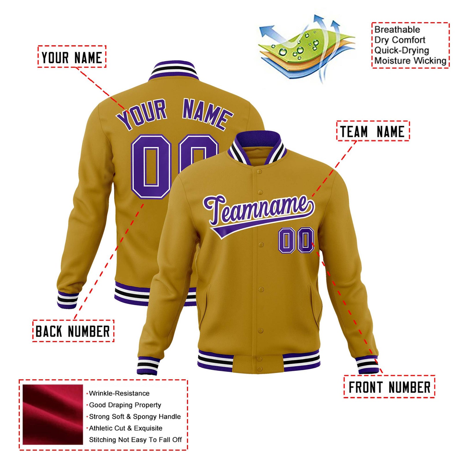 Custom Brown Purple White Bomber Full-Snap Varsity Letterman Jacket