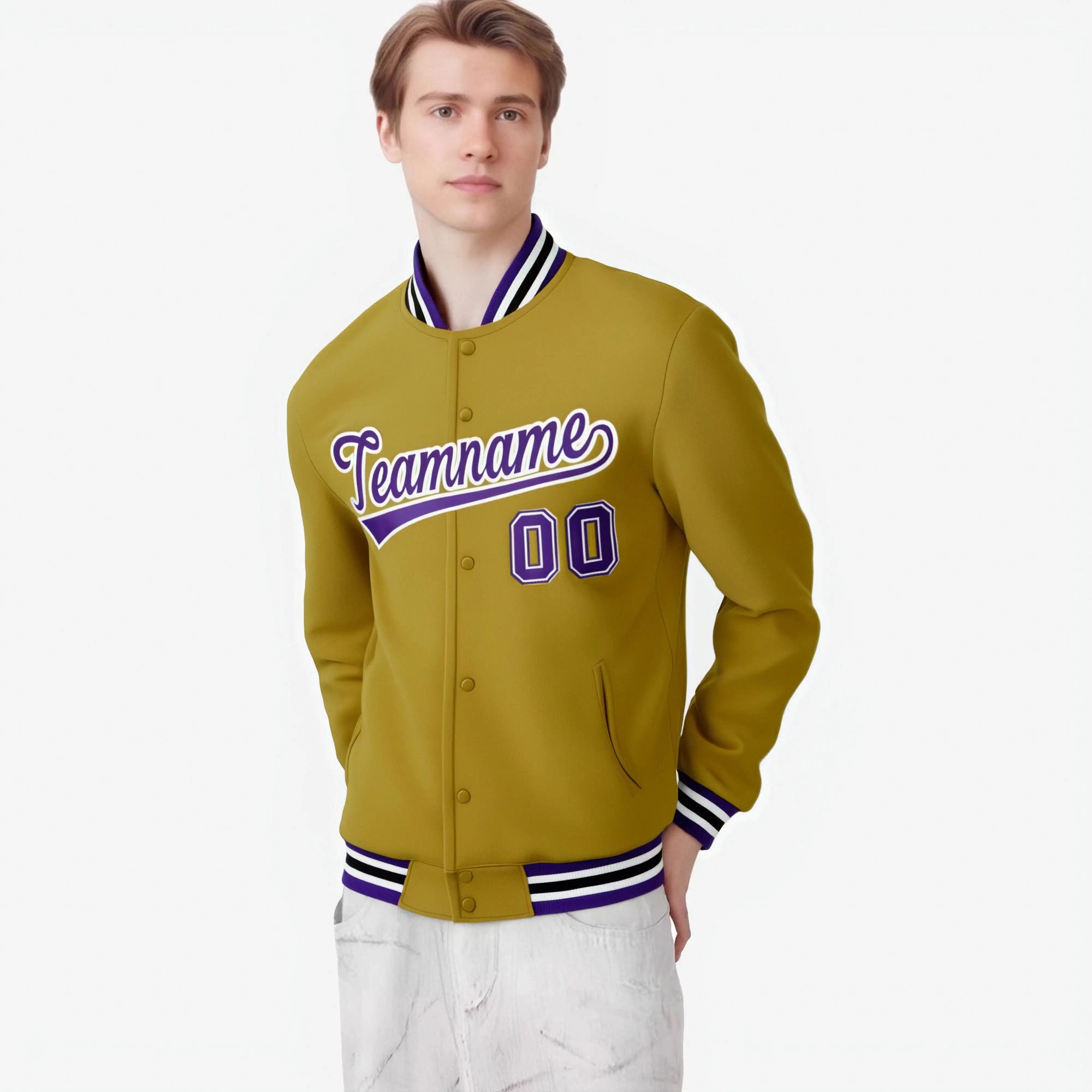 Custom Brown Purple White Bomber Full-Snap Varsity Letterman Jacket