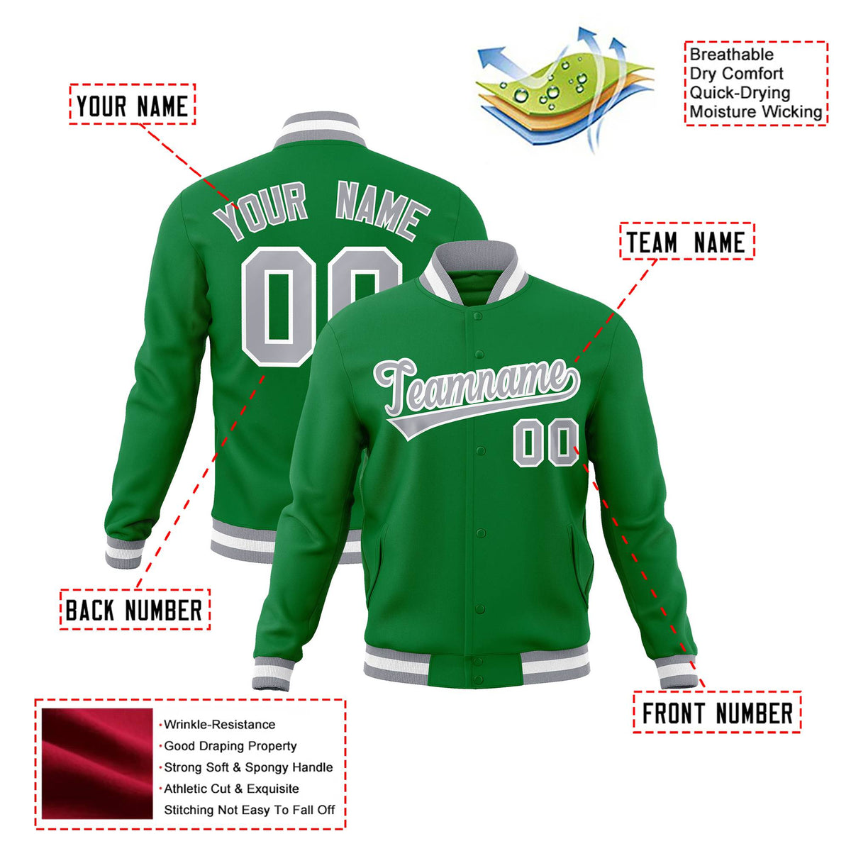 Custom Neon-Green Gray-White Bomber Full-Snap Varsity Letterman Jacket
