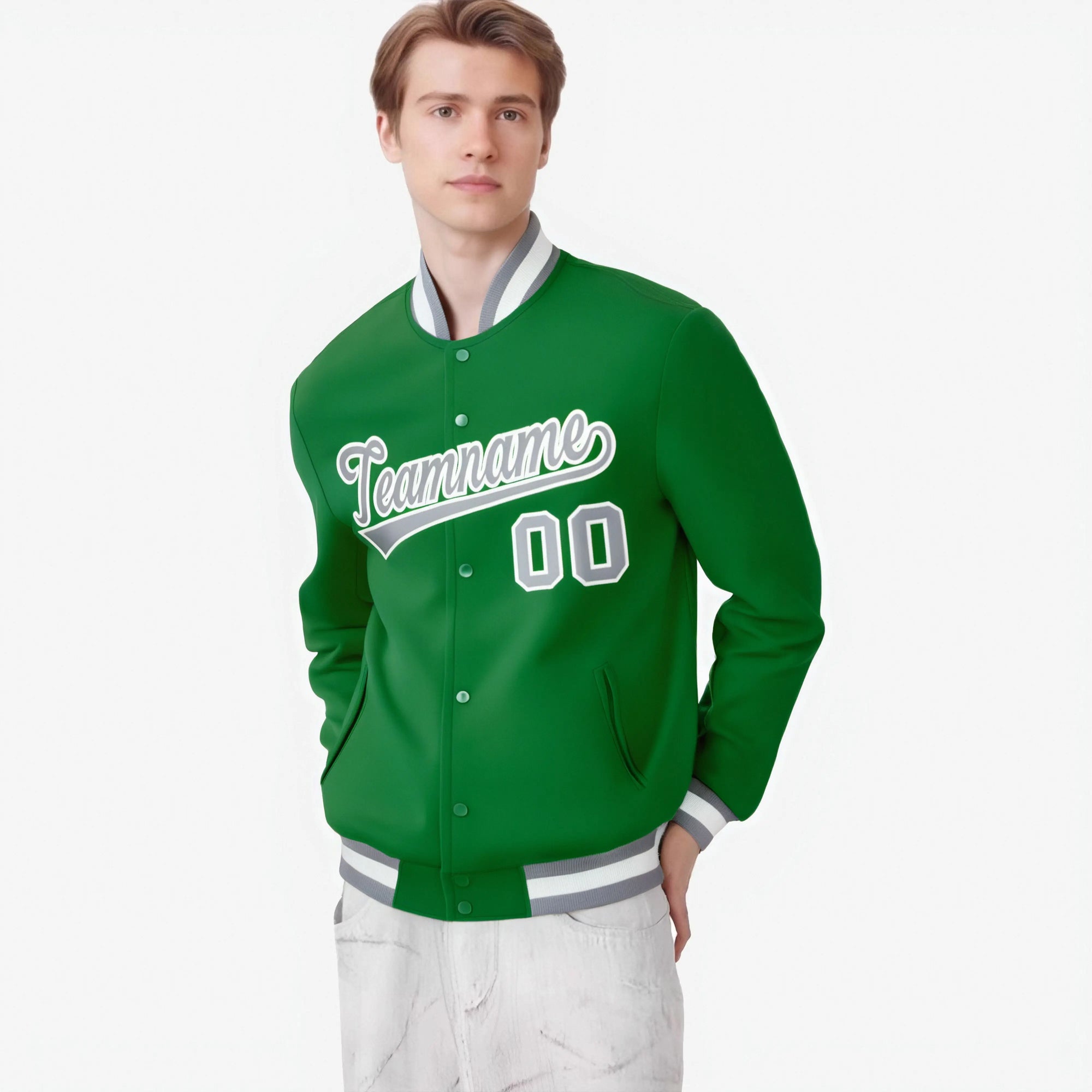 Custom Neon-Green Gray-White Bomber Full-Snap Varsity Letterman Jacket