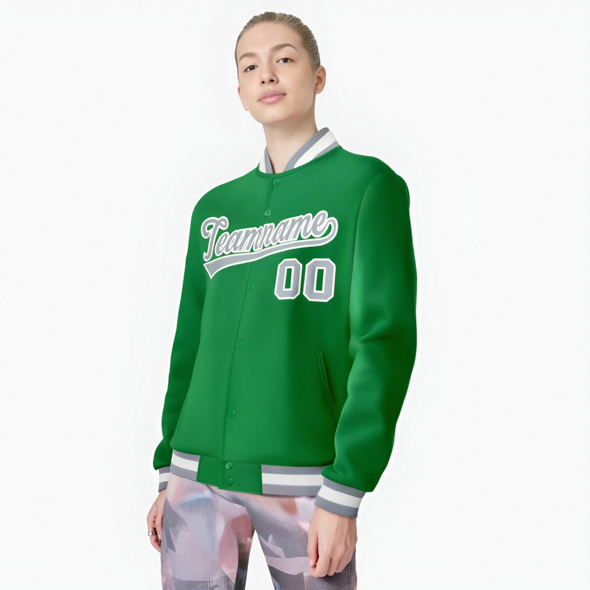 Custom Neon-Green Gray-White Bomber Full-Snap Varsity Letterman Jacket