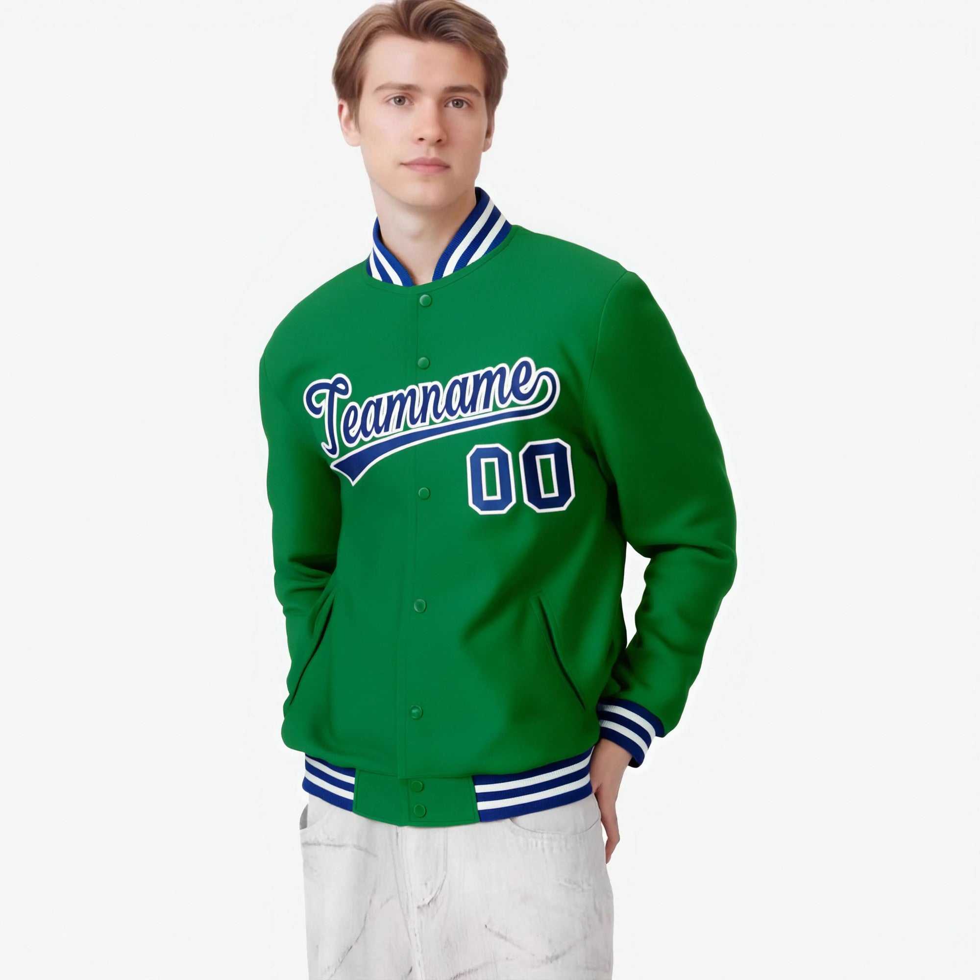 Custom Neon-Green Purple-White Bomber Full-Snap Varsity Letterman Jacket