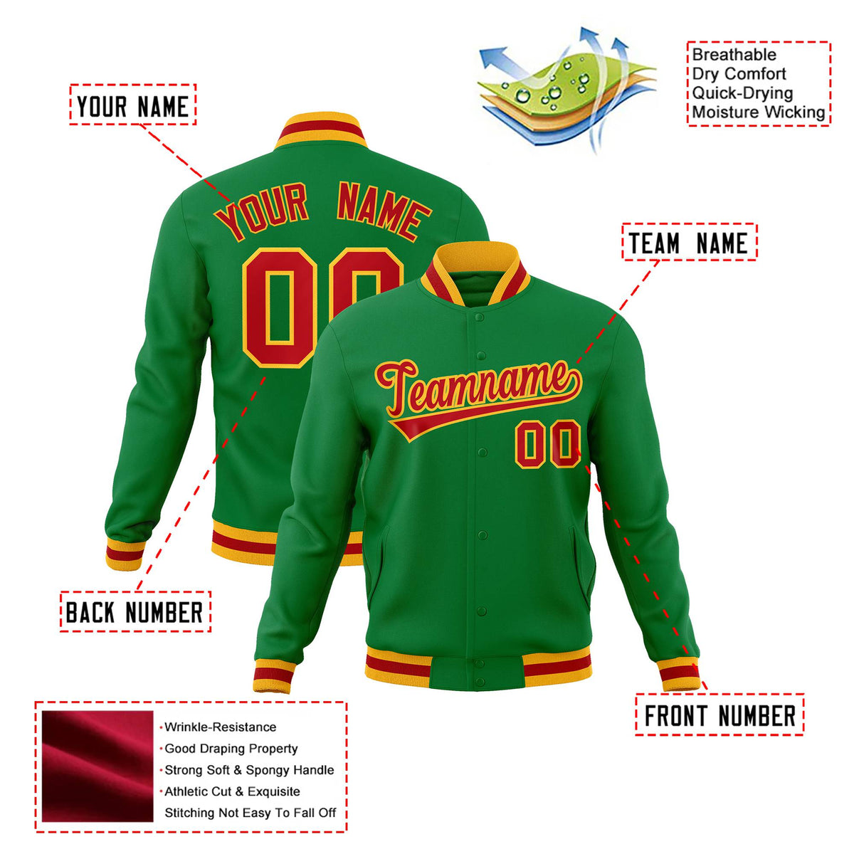 Custom Neon-Green Red-Gold Bomber Full-Snap Varsity Letterman Jacket