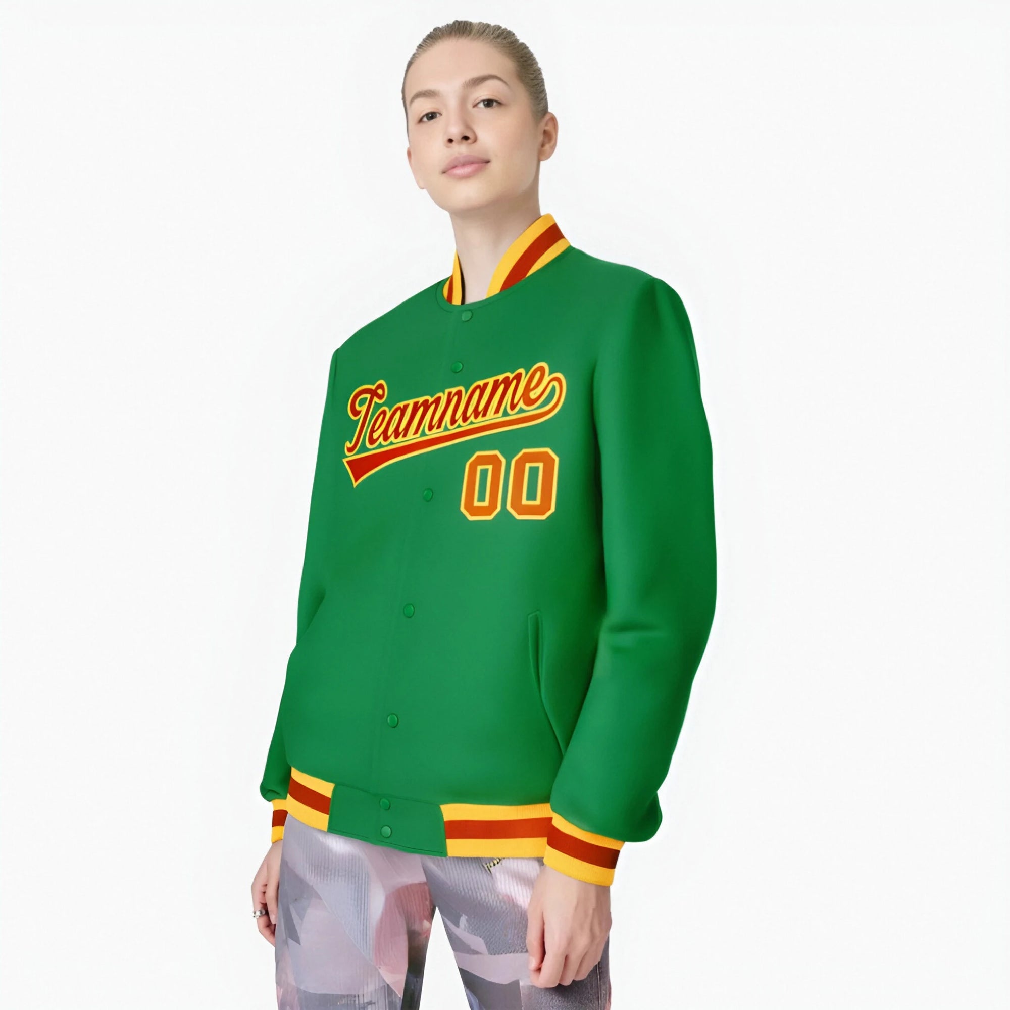 Custom Neon-Green Red-Gold Bomber Full-Snap Varsity Letterman Jacket