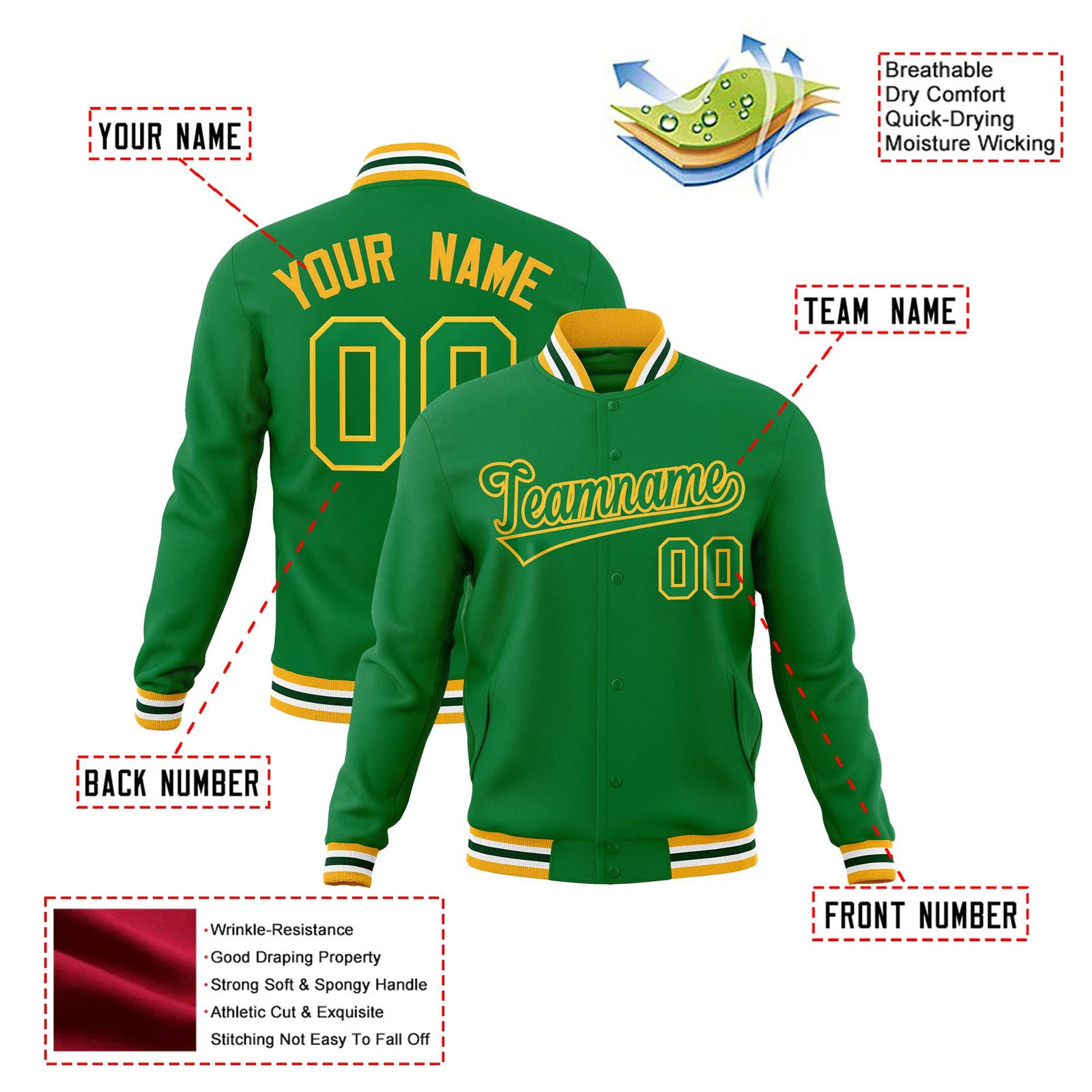 Custom Neon-Green Gold Bomber Full-Snap Varsity Letterman Jacket