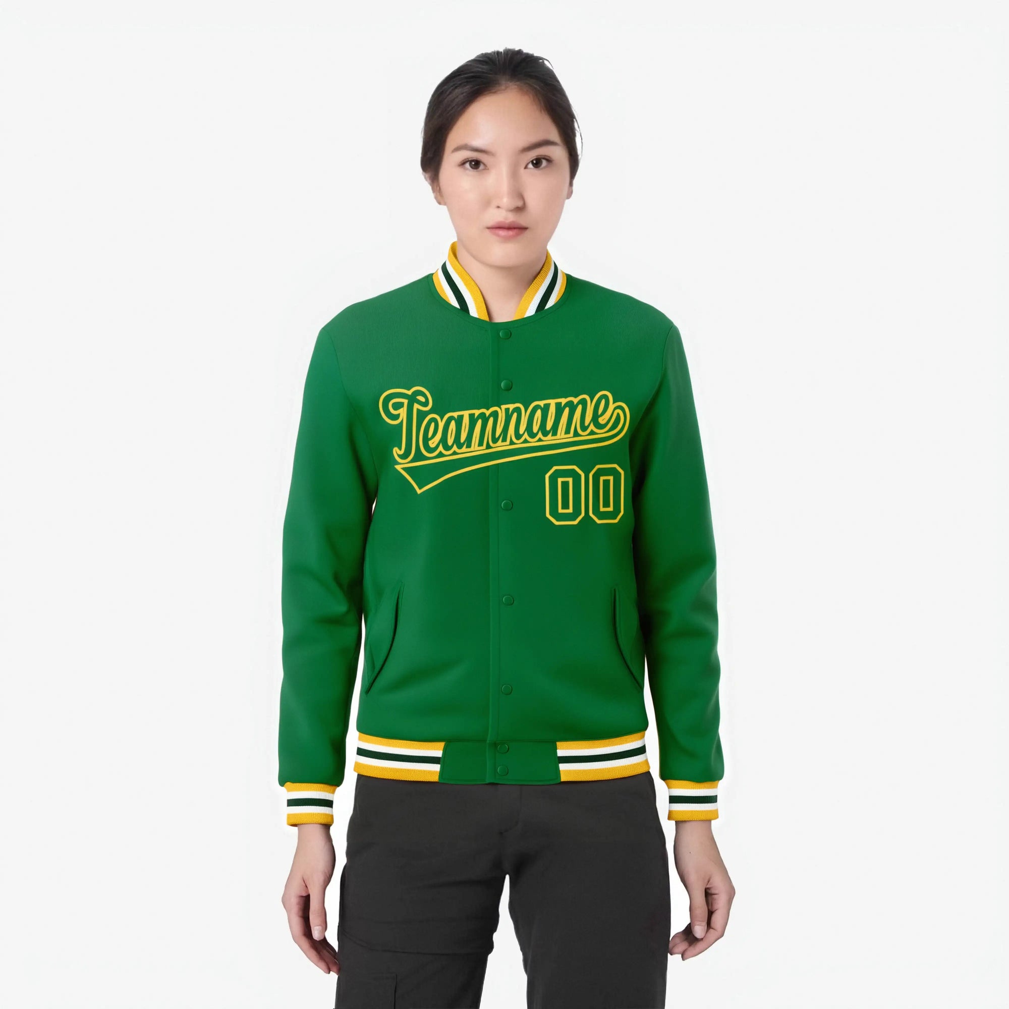 Custom Neon-Green Gold Bomber Full-Snap Varsity Letterman Jacket