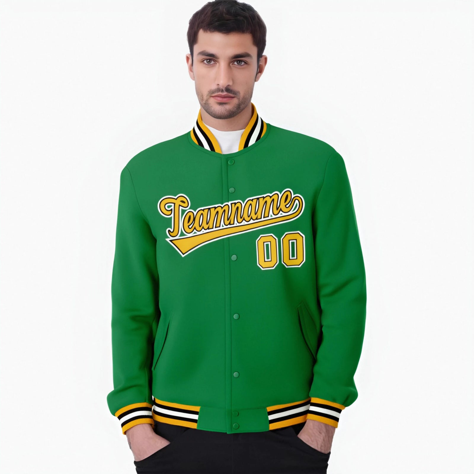Custom Neon-Green Gold Black-White Bomber Full-Snap Varsity Letterman Jacket