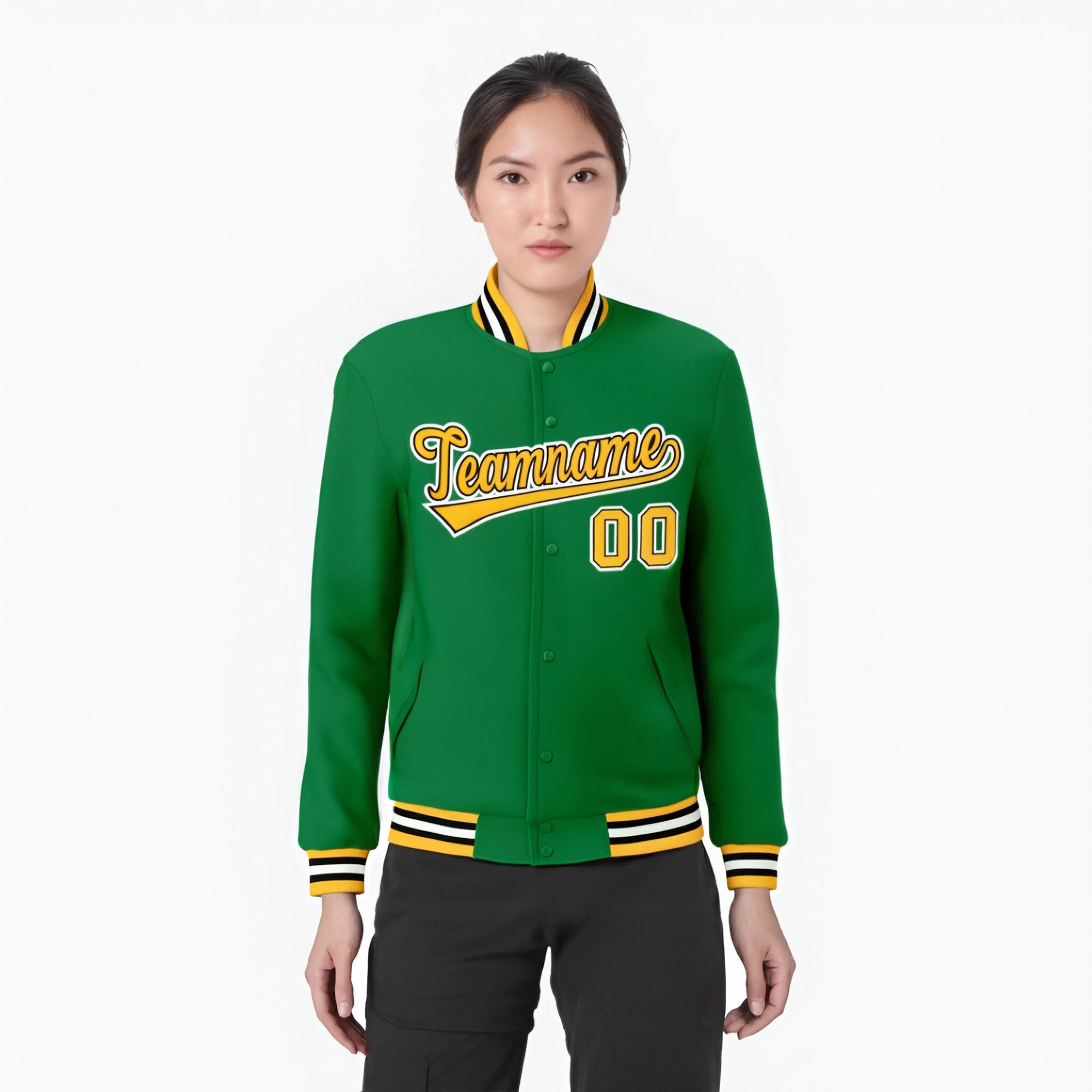 Custom Neon-Green Gold Black-White Bomber Full-Snap Varsity Letterman Jacket