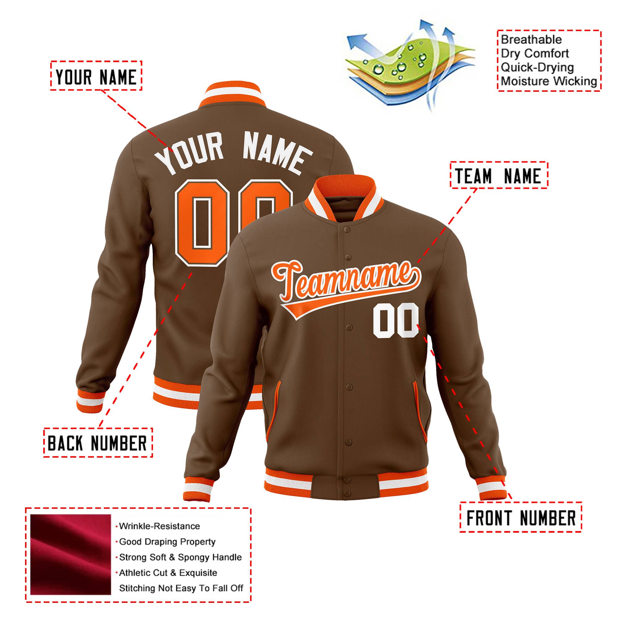 Custom Brown Orange White Bomber Full-Snap Varsity Letterman Jacket