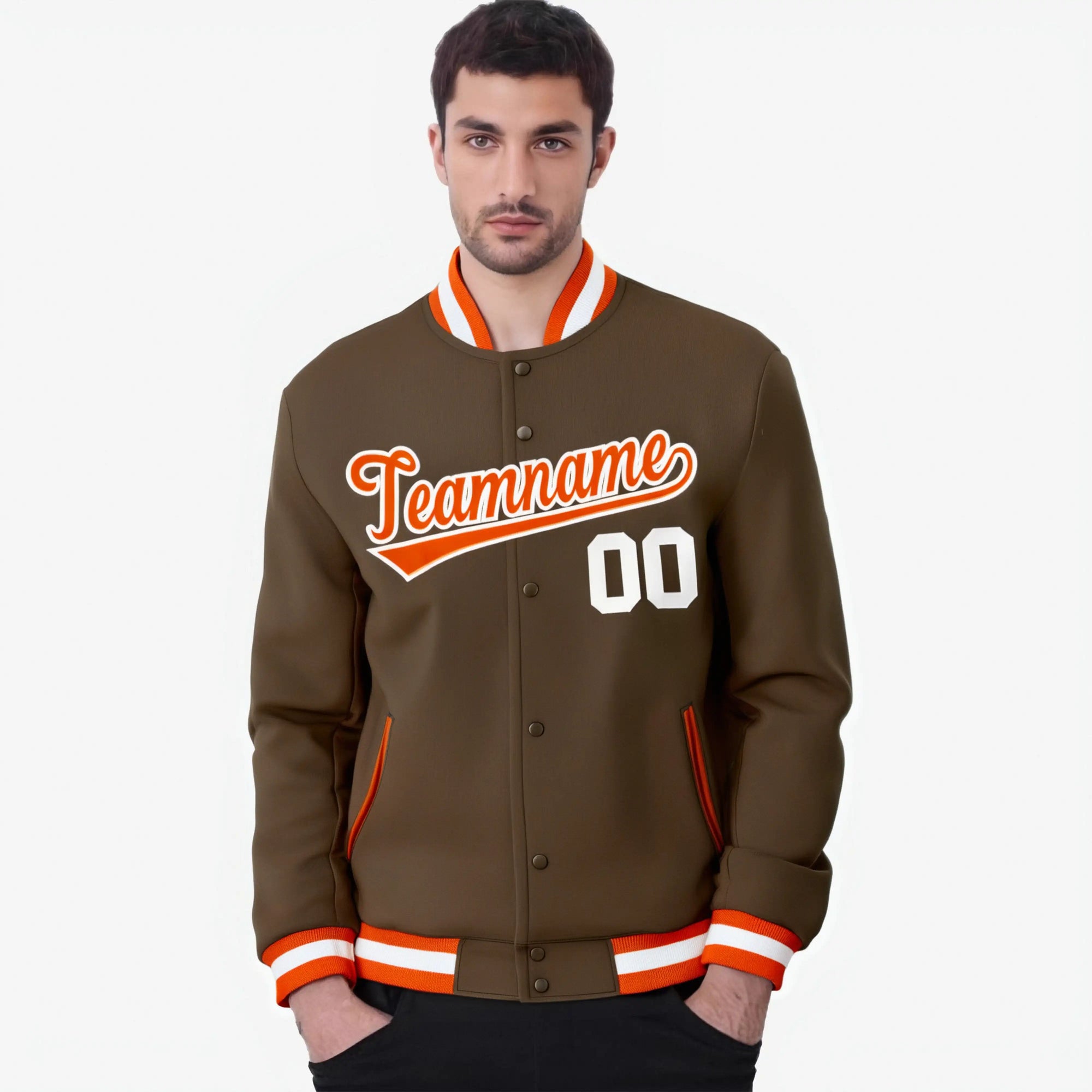 Custom Brown Orange White Bomber Full-Snap Varsity Letterman Jacket