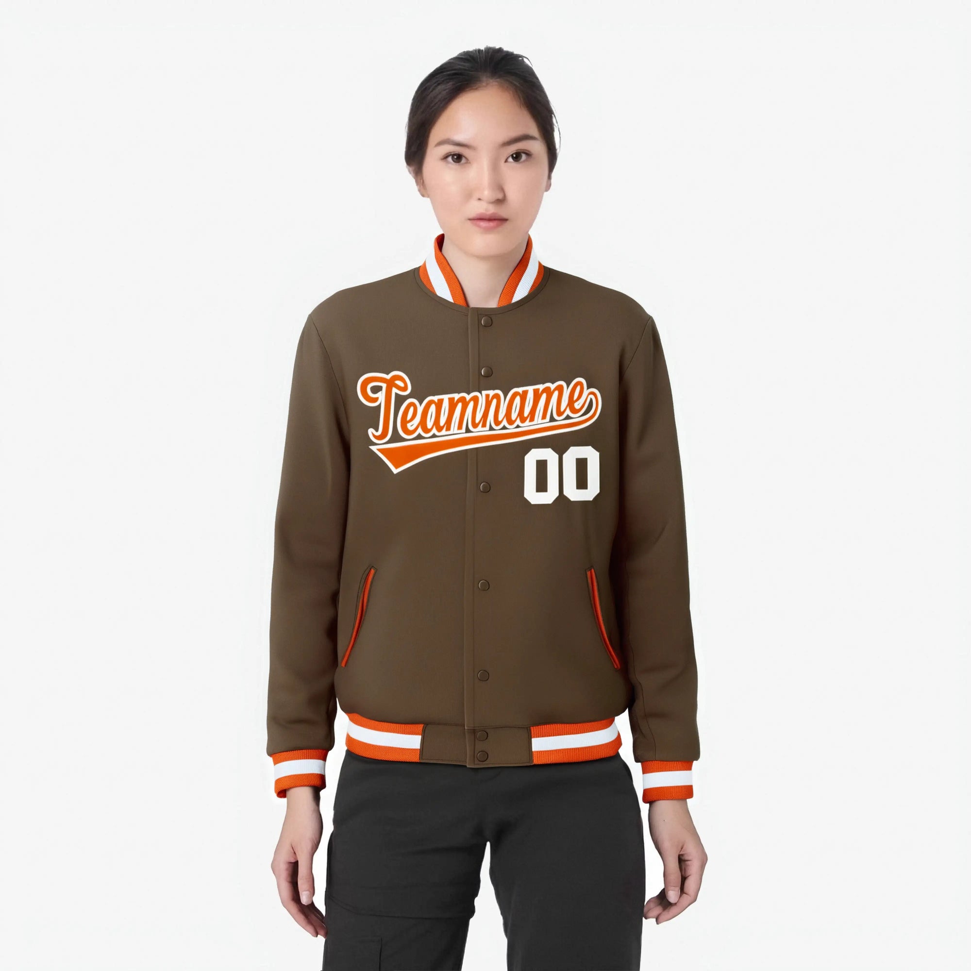 Custom Brown Orange White Bomber Full-Snap Varsity Letterman Jacket