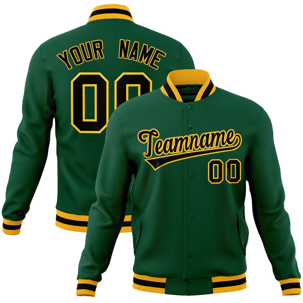 Custom Midnight-Green Black Gold Bomber Full-Snap Varsity Letterman Jacket