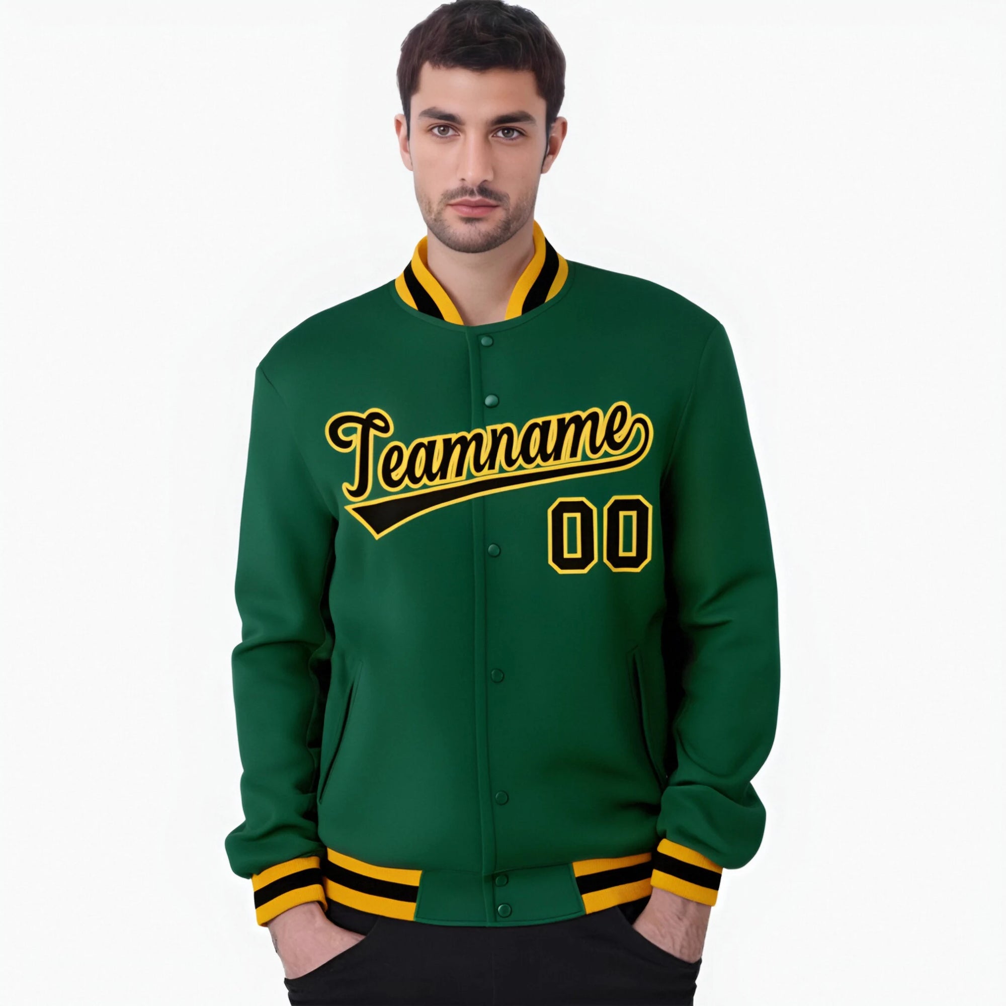 Custom Midnight-Green Black Gold Bomber Full-Snap Varsity Letterman Jacket