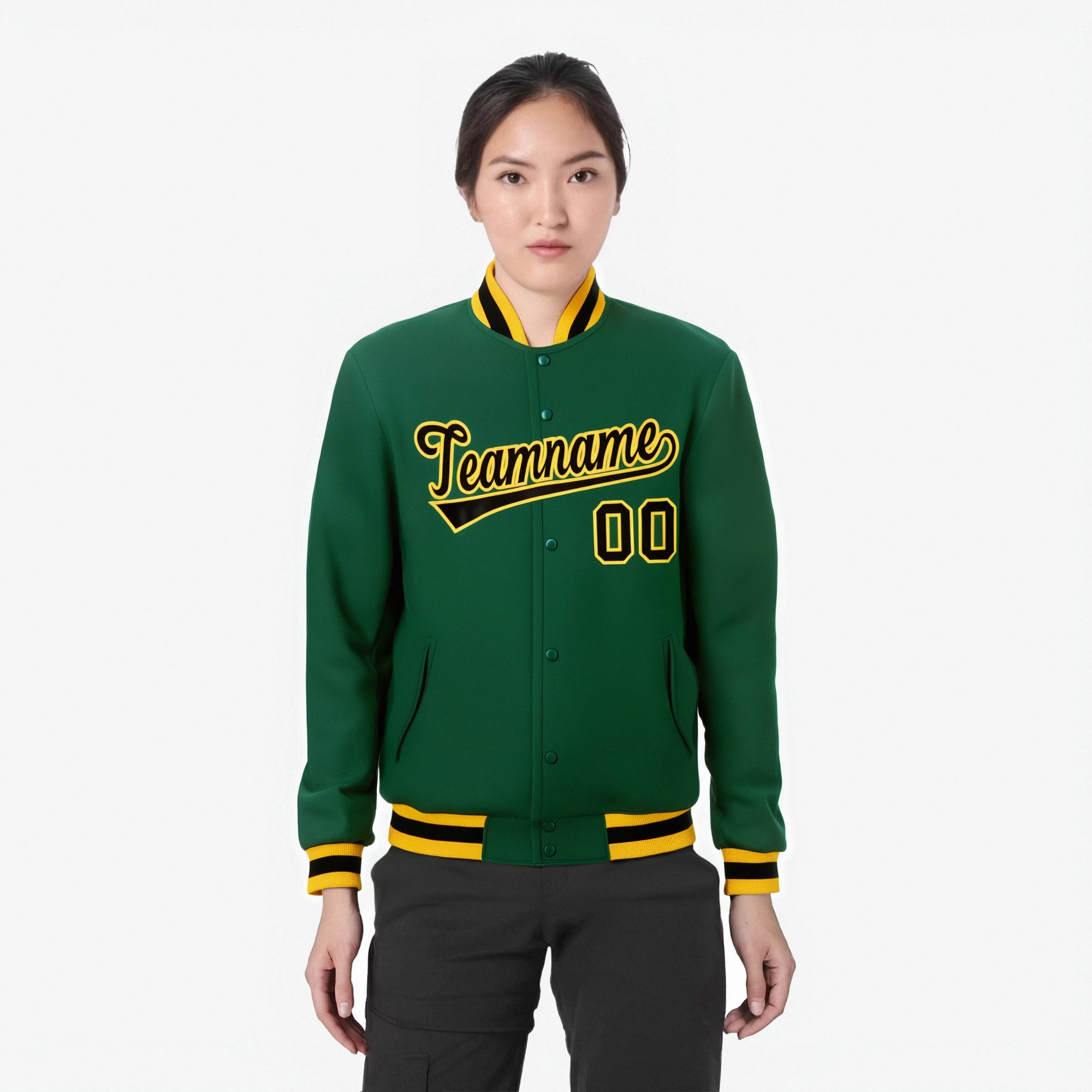 Custom Midnight-Green Black Gold Bomber Full-Snap Varsity Letterman Jacket