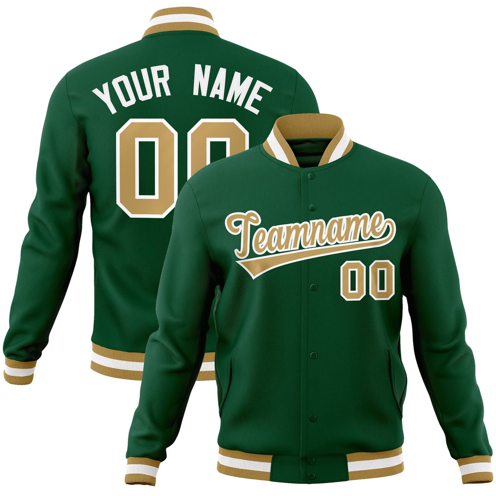 Custom Midnight-Green Brown White Bomber Full-Snap Varsity Letterman Jacket