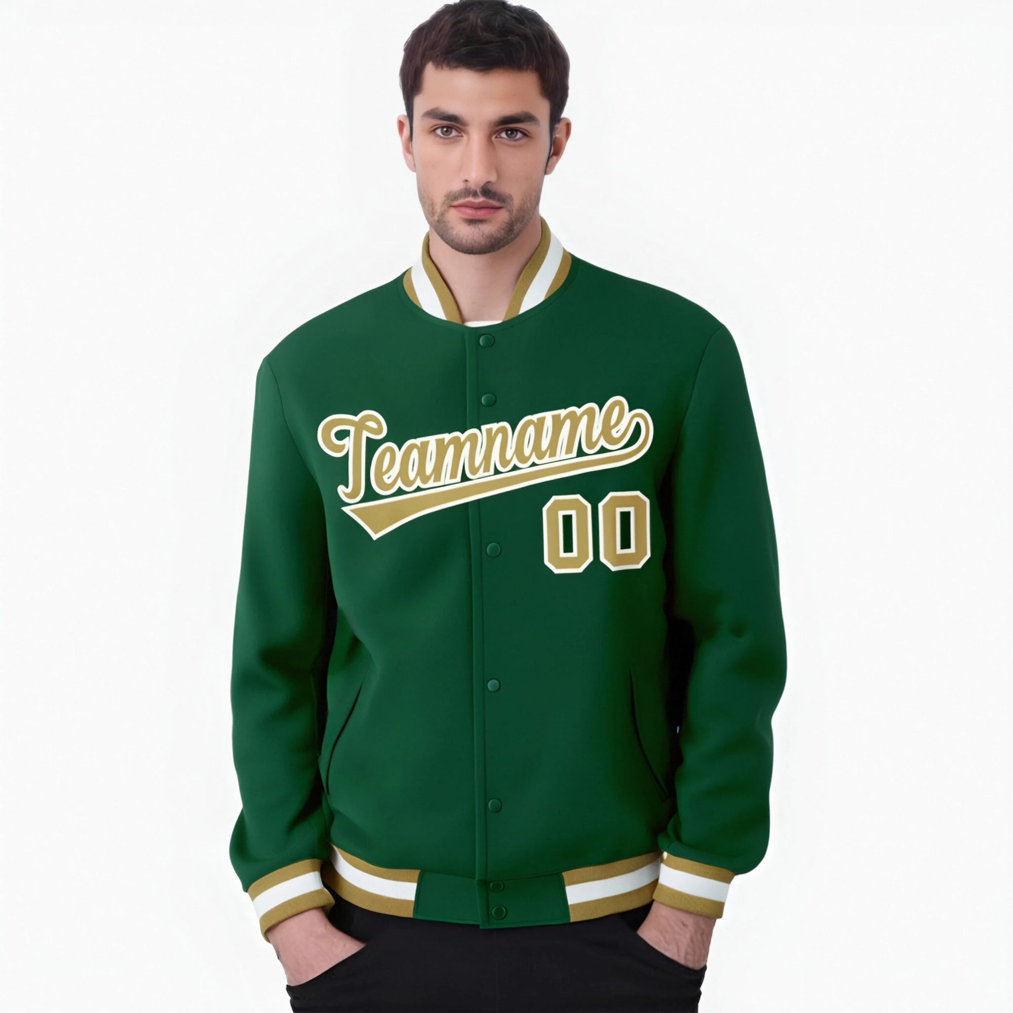 Custom Midnight-Green Brown White Bomber Full-Snap Varsity Letterman Jacket