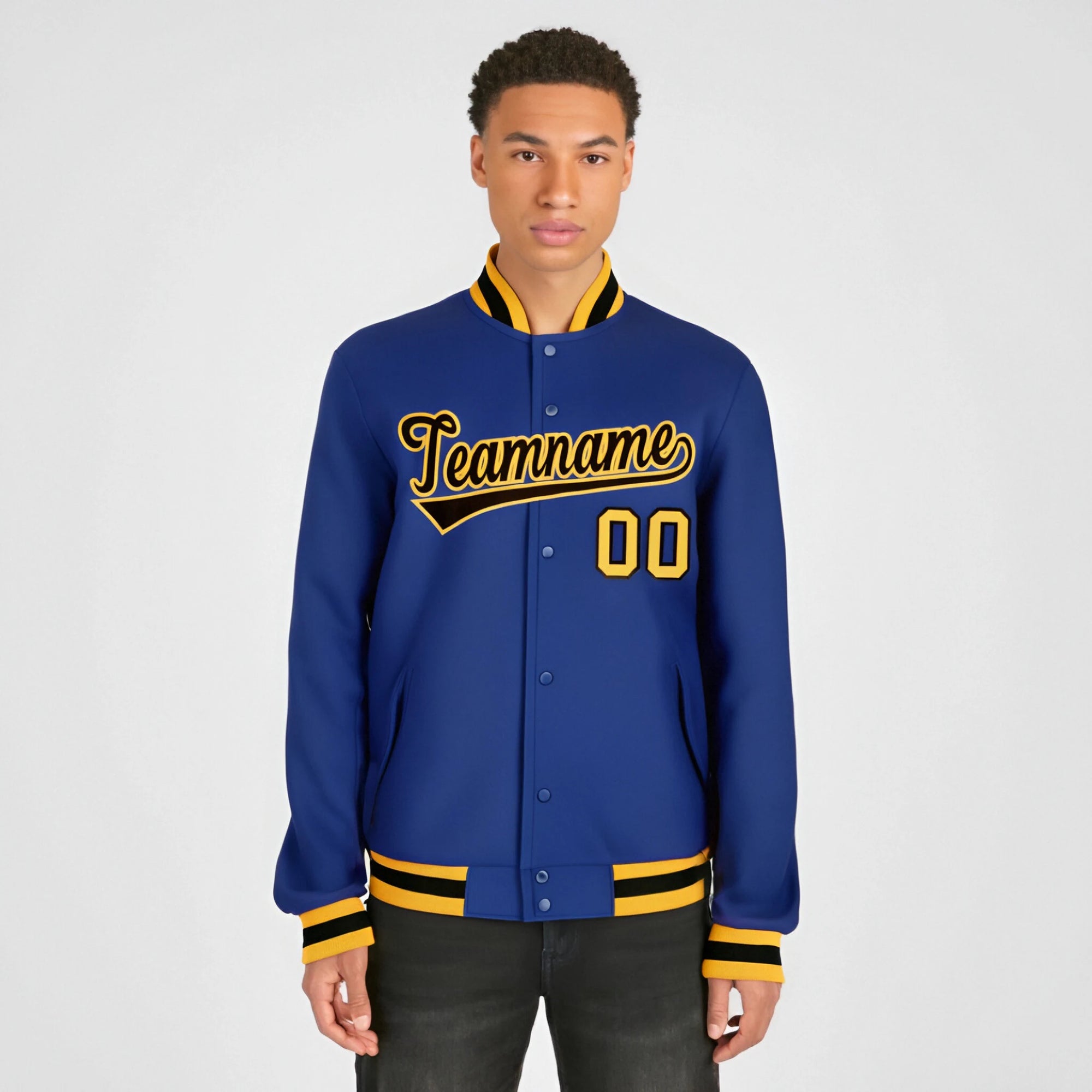 Custom Purple Black-Gold Bomber Full-Snap Varsity Letterman Jacket