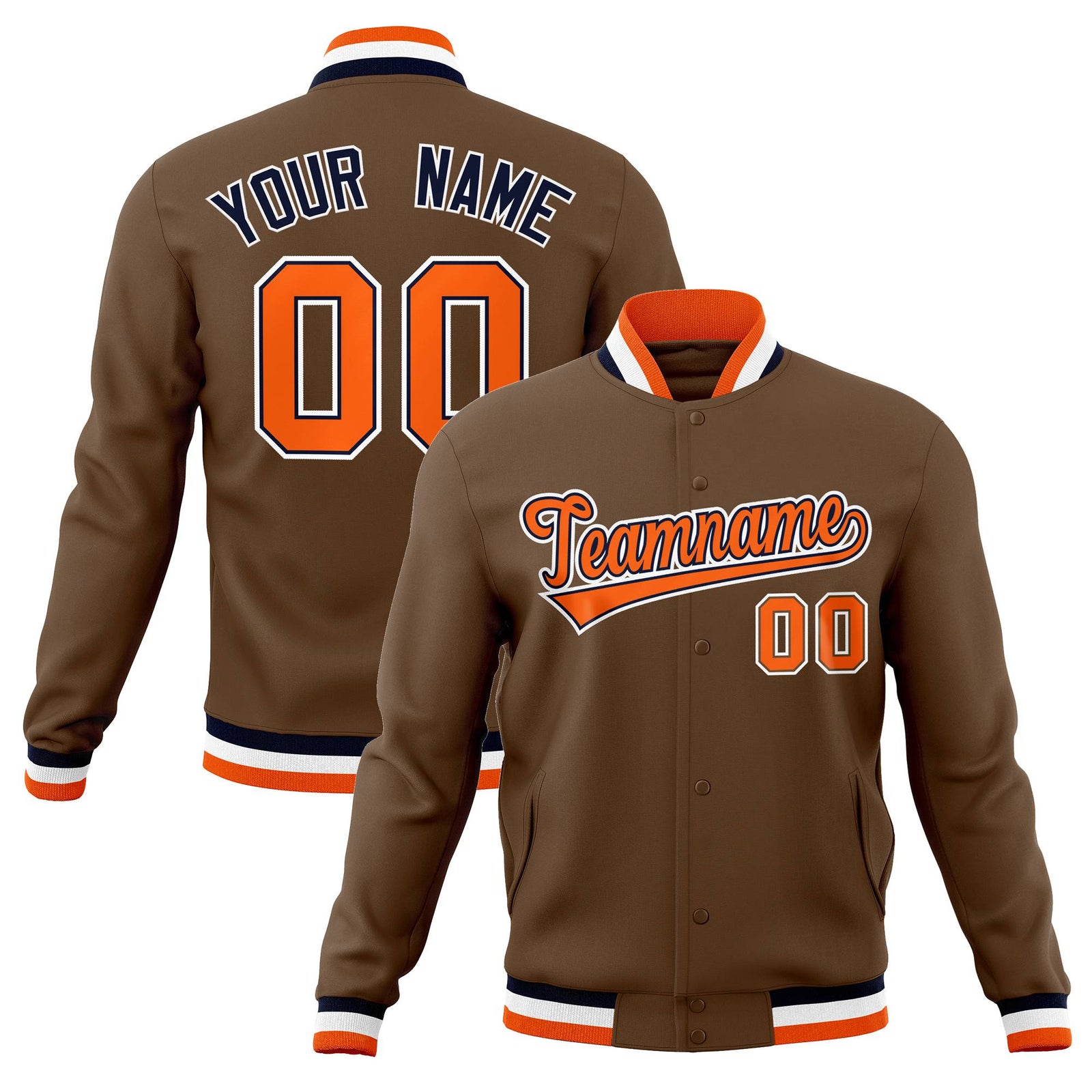 Custom Brown Orange White Black Bomber Full-Snap Varsity Letterman Jacket