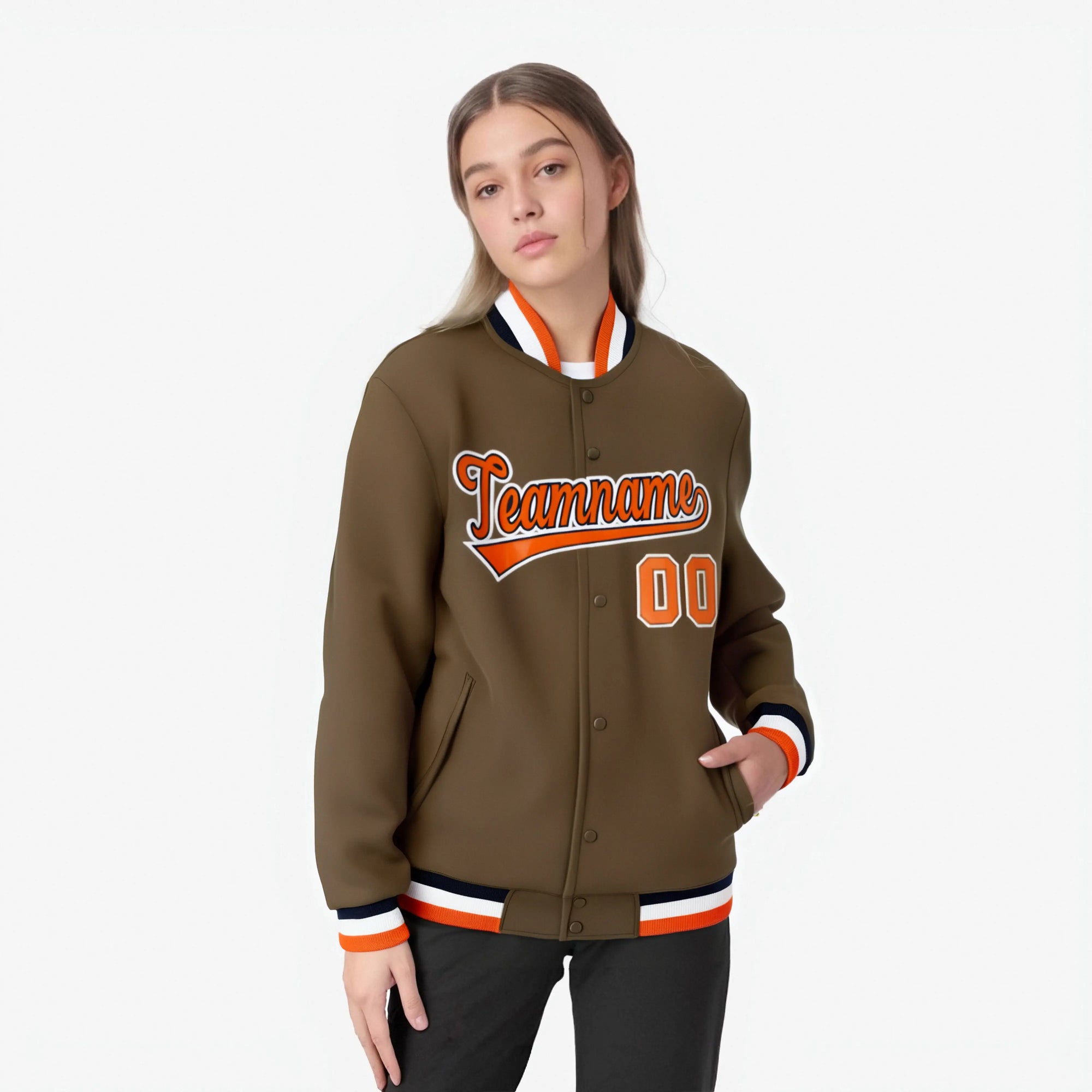 Custom Brown Orange White Black Bomber Full-Snap Varsity Letterman Jacket