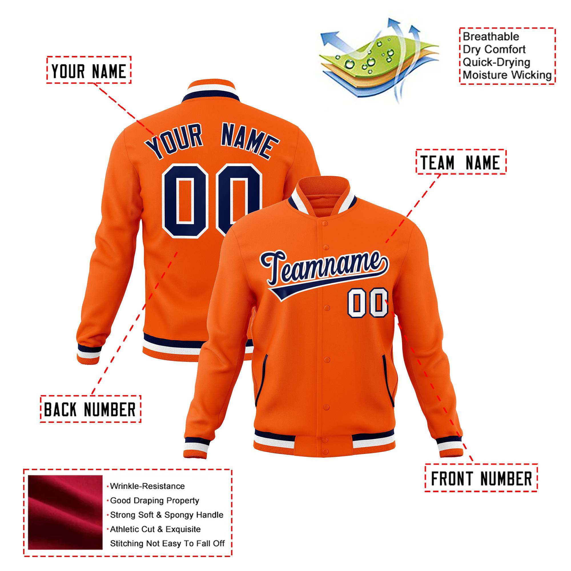 Custom Orange Navy White Bomber Full-Snap Varsity Letterman Jacket