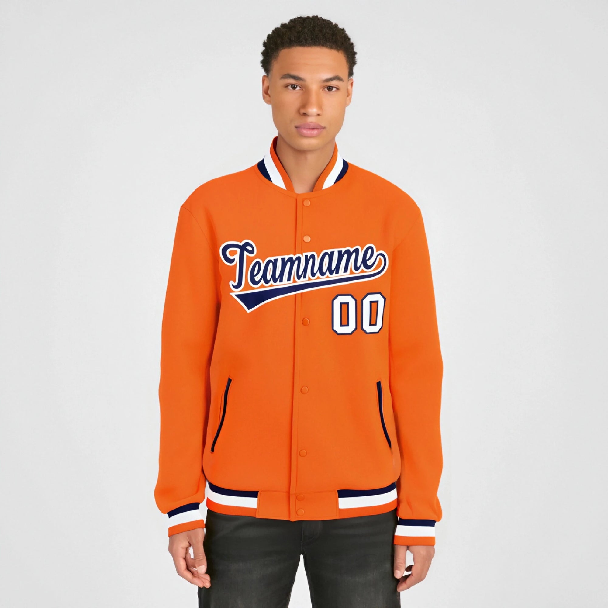 Custom Orange Navy White Bomber Full-Snap Varsity Letterman Jacket