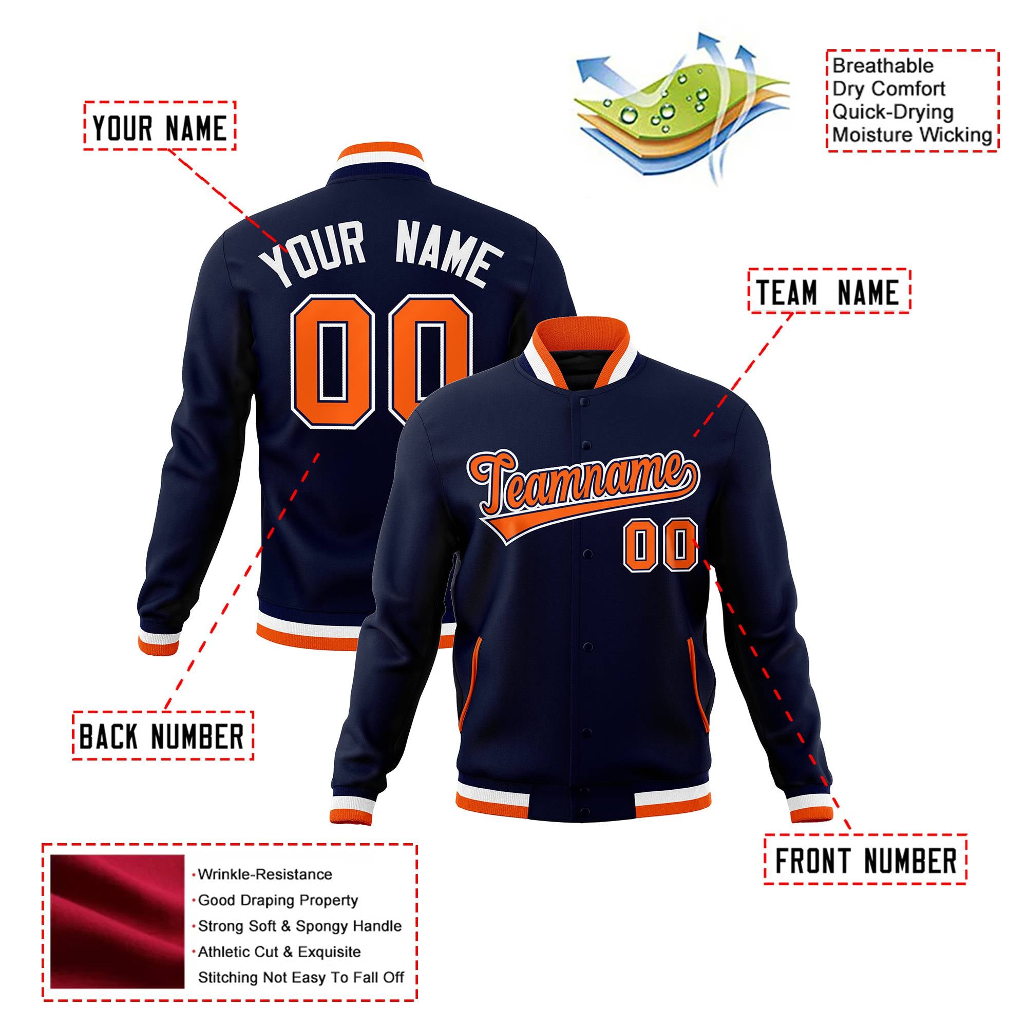 Custom Navy Orange White Bomber Full-Snap Varsity Letterman Jacket